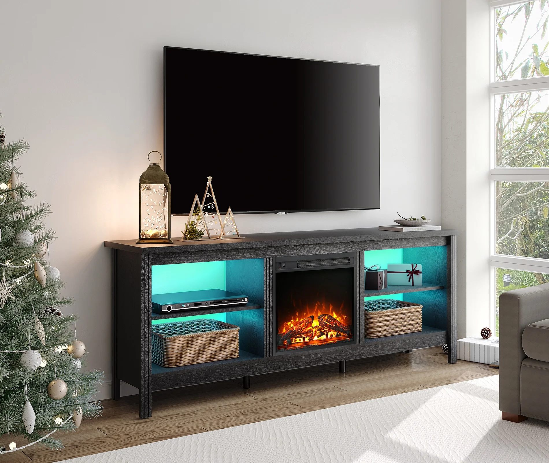 Fireplace TV Stand for 75 inch TV with 16 Changable LED Lights, Wood Entertainment Center for 80 inch TV with Electric Fireplace, 70 inch, Black