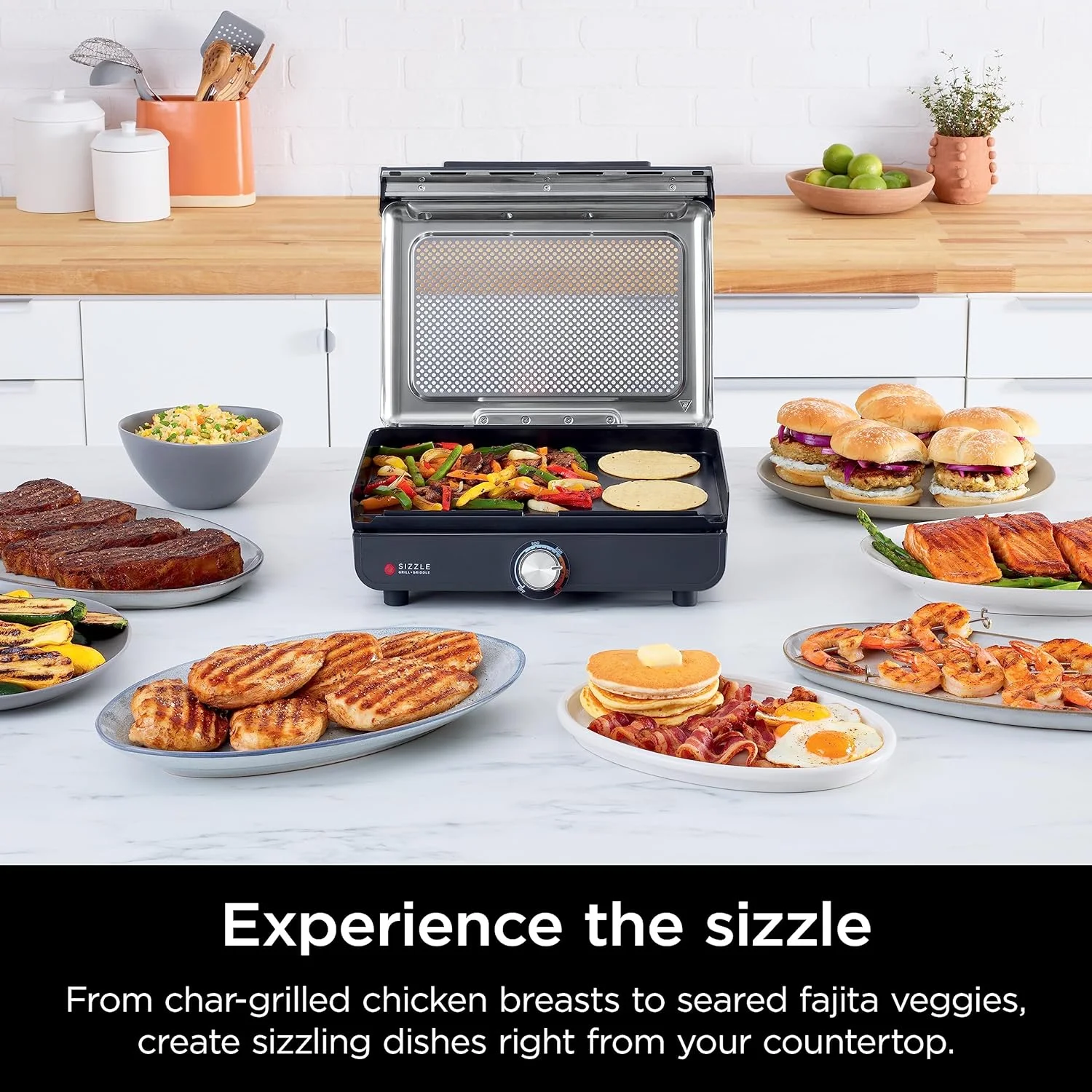 HOZO GR101 Sizzle Smokeless Indoor Grill & Griddle, 14'' Interchangeable Nonstick Plates, Dishwasher-Safe Removable Mesh Lid, 500F Max Heat, Even Edge-to-Edge Cooking, Grey/Silver