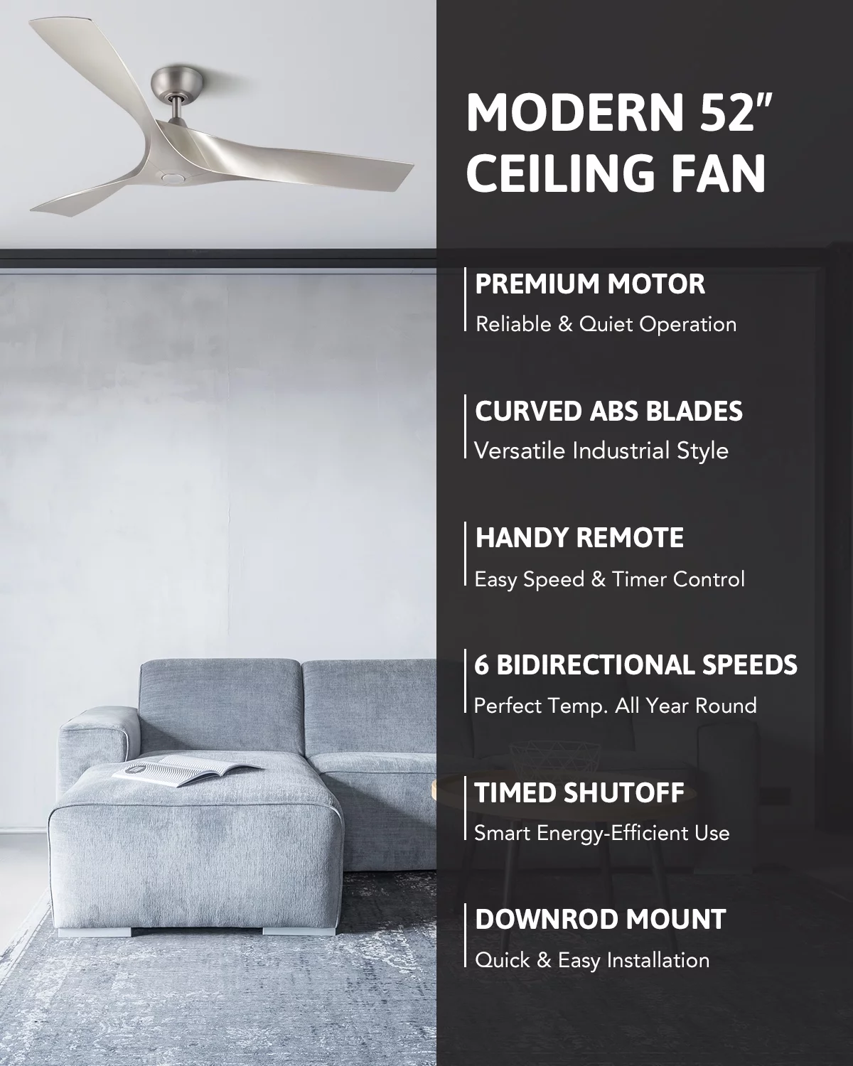 Bestco 52' Modern Ceiling Fan with Remote for Bedroom Kitchen More, Nickel Finish