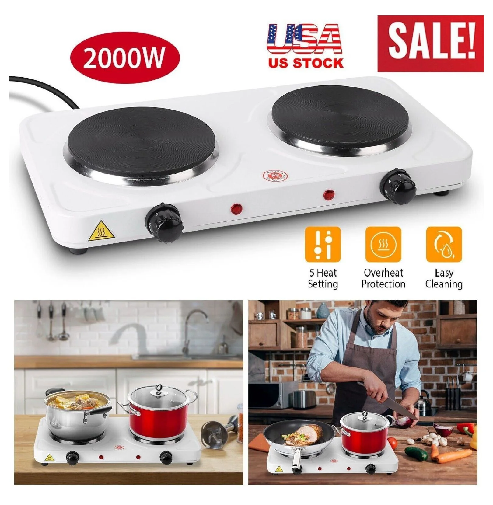 2000W Portable Electric Double Burner Hot Plate Cooktop Kitchen Cooking Stove US