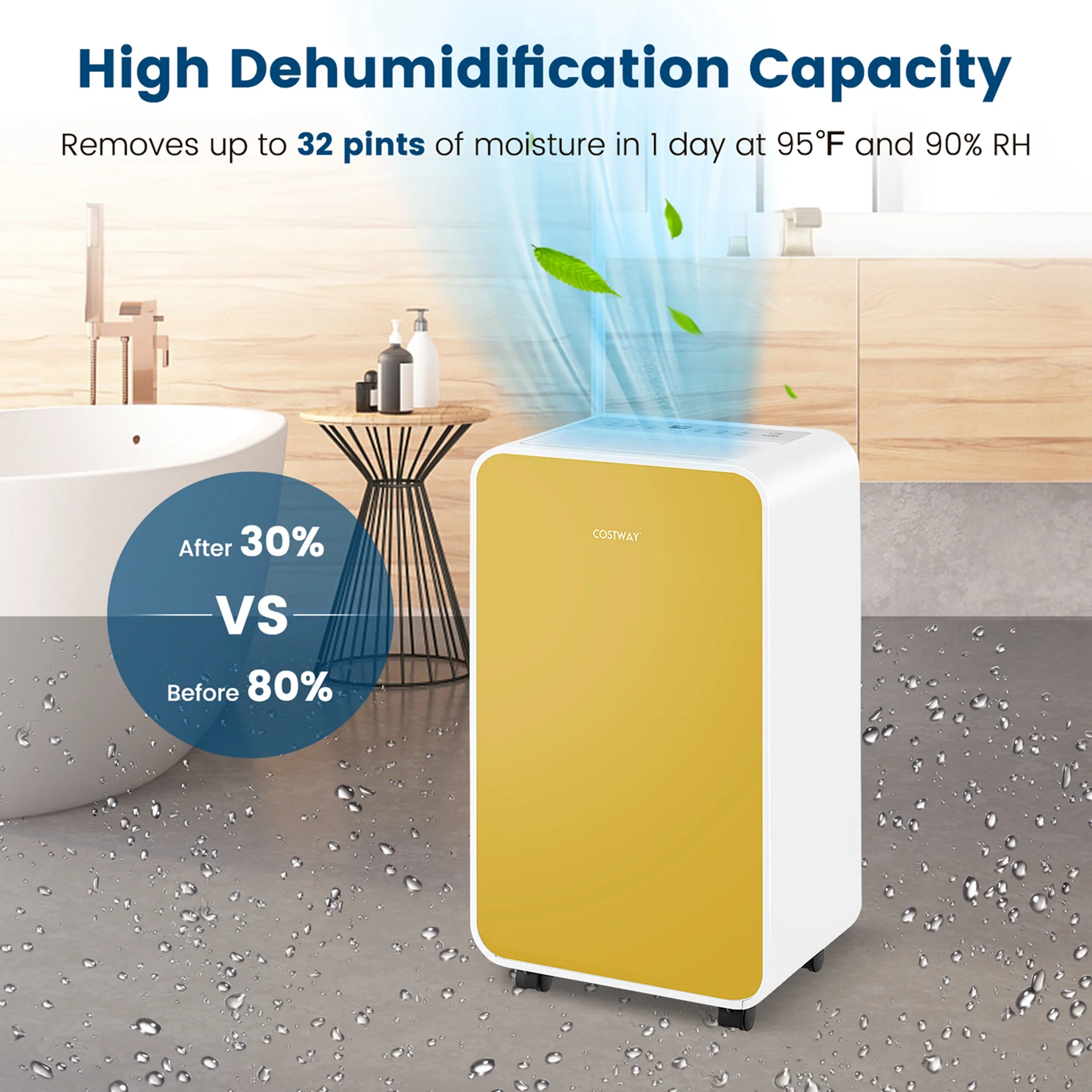 Costway Dehumidifier for Home Basement 32 Pints/Day 3 Modes Portable up to 2500 Sq. Ft Yellow