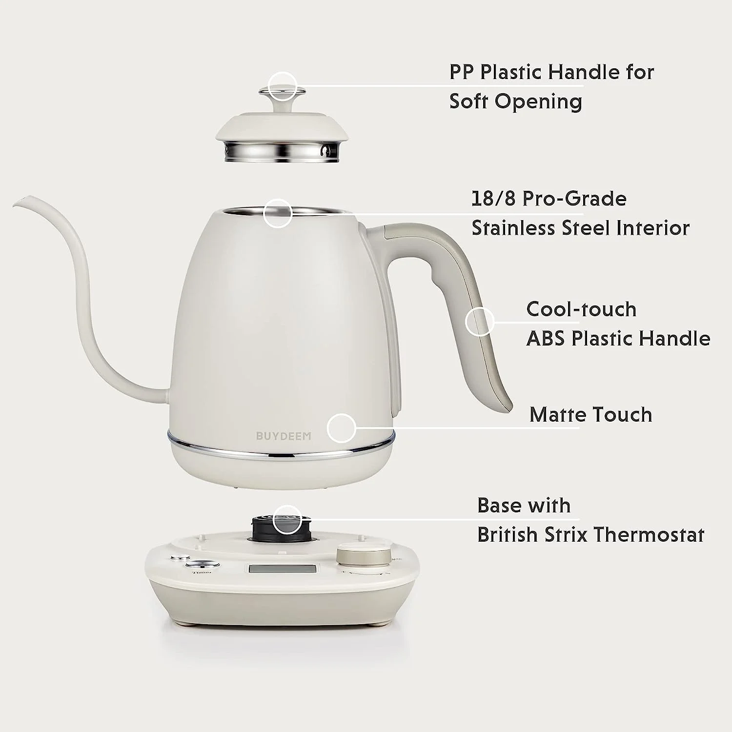 BUYDEEM Gooseneck Electric Pour-Over Kettle, Stainless Steel Coffee Tea Kettle with Variable Temperature Control, Oatmeal White