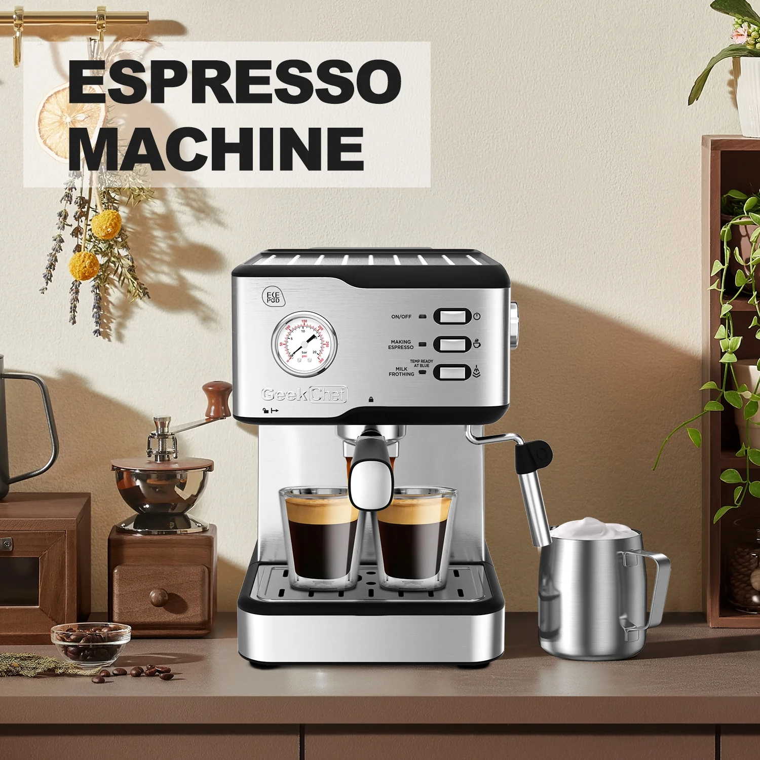 Espresso Machine 20 Bar Automatic Coffee Maker Cappuccino Latte Maker with with pressure gauge Milk Frother Steam Wand Professional Coffee,Macchiato Maker for home,espresso maker