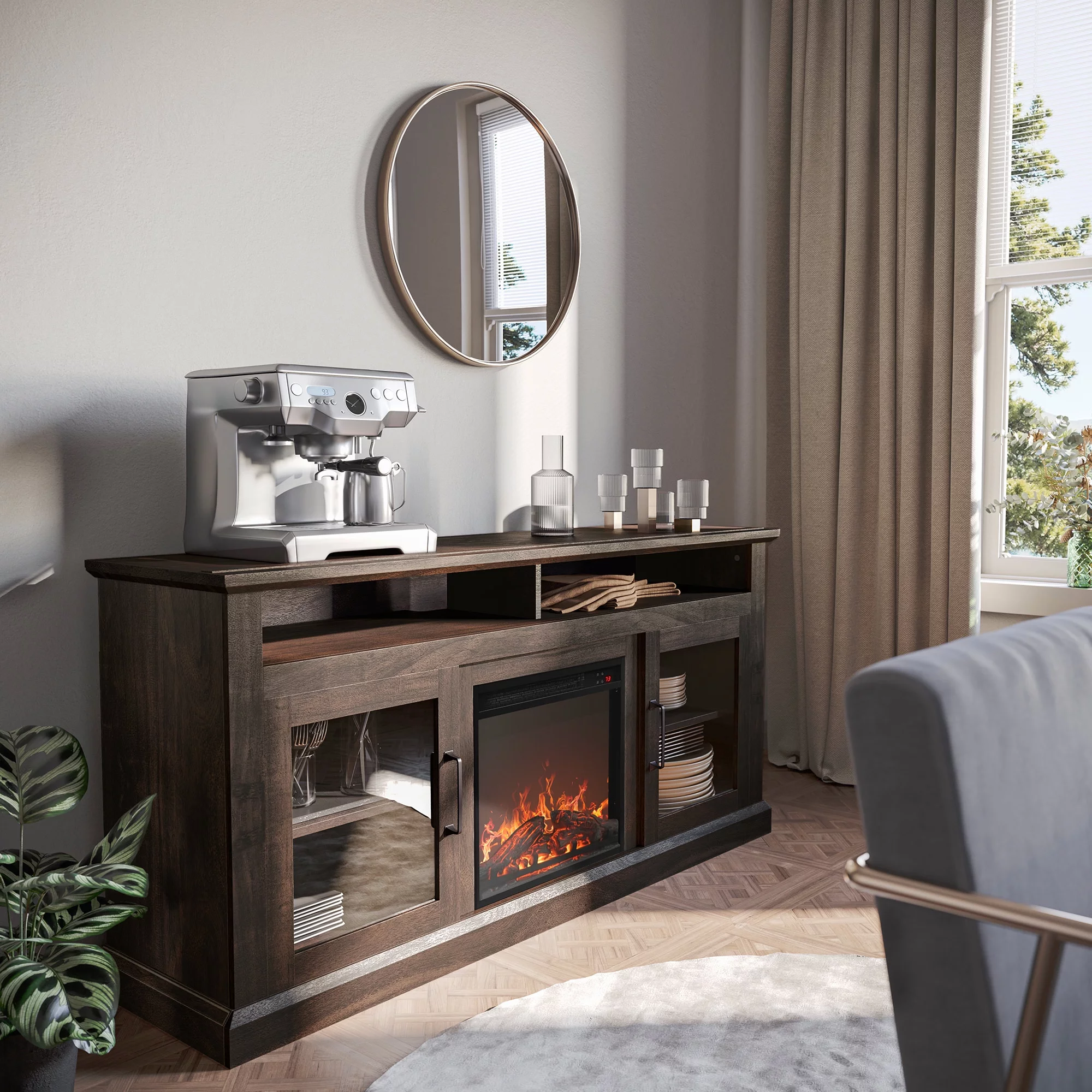 BELLEZE 60' Traditonal TV Stand Media Entertainment Center For TVs up to 65' with 18' Fireplace - Cayman (Brown)