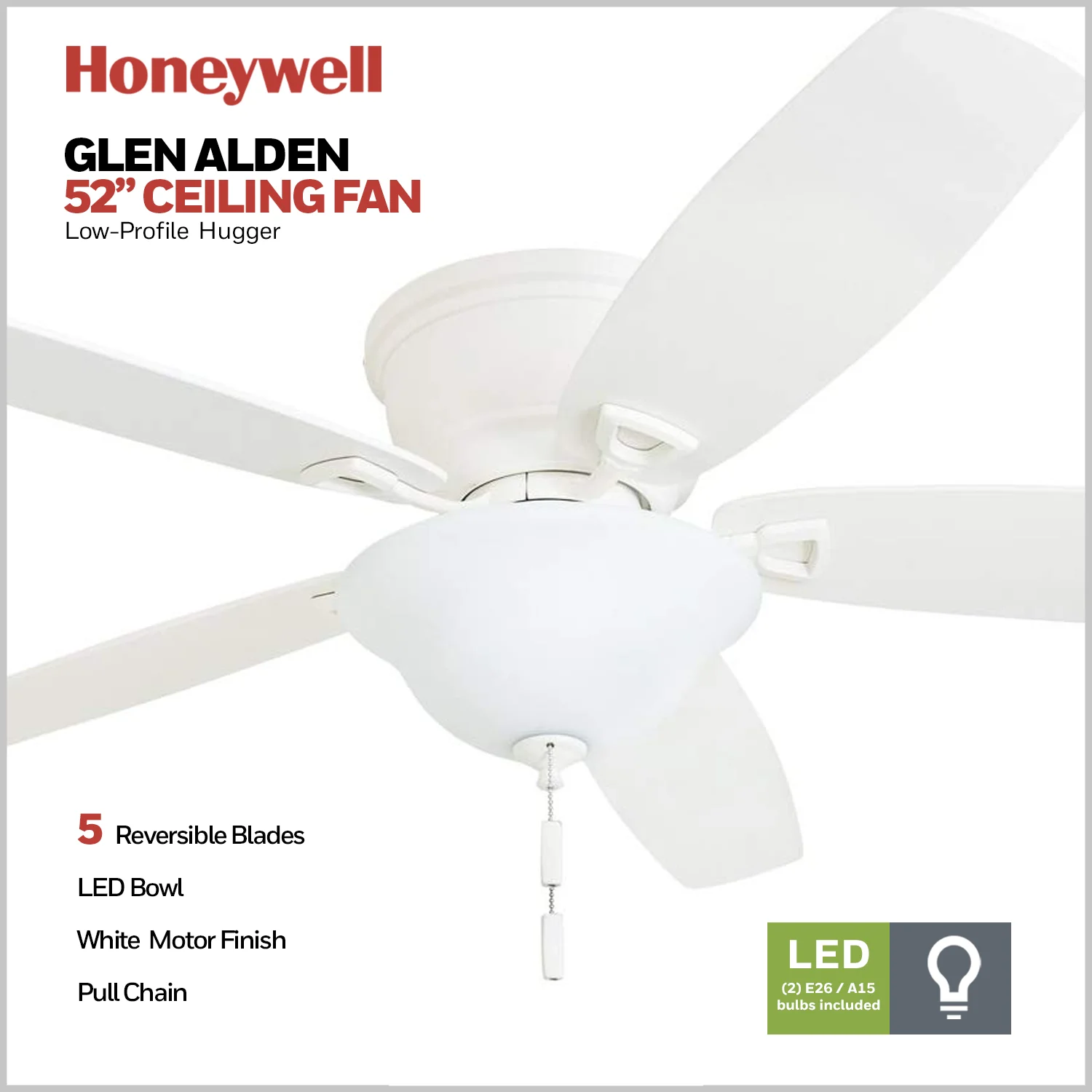 Honeywell Glen Alden 52' White Low Profile Ceiling Fan with 5 Blades, Bowl Light Kit, Pull Chains & Reverse Airflow