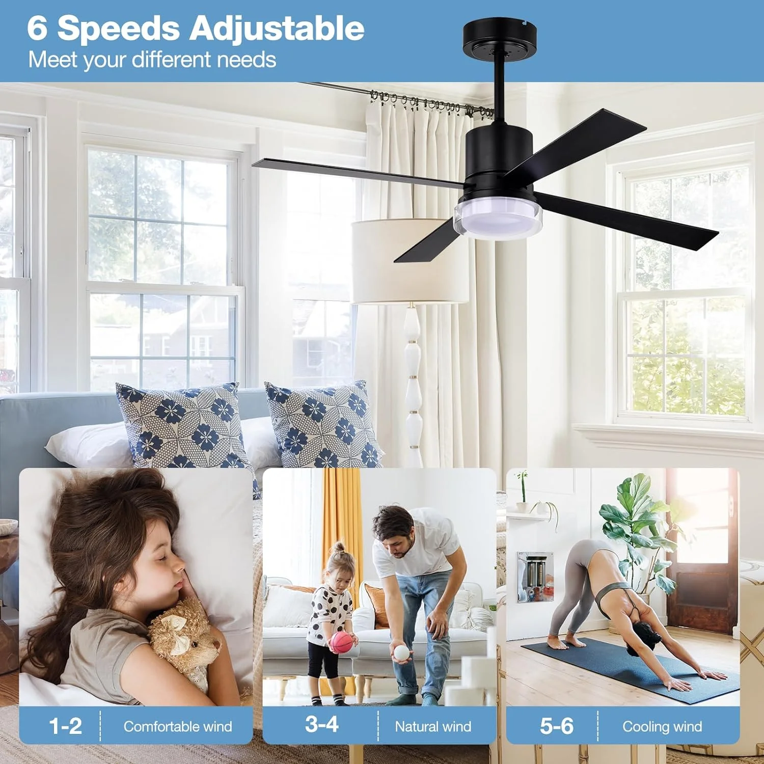 IKIFLY Ceiling Fan with Lights Remote Control, 48' Flush Mount Ceiling Fan with 2 Changing Color Lights, 4 Blade Ceiling Fans, Reversible Airflow for Patio Living Room, Bedroom, Office