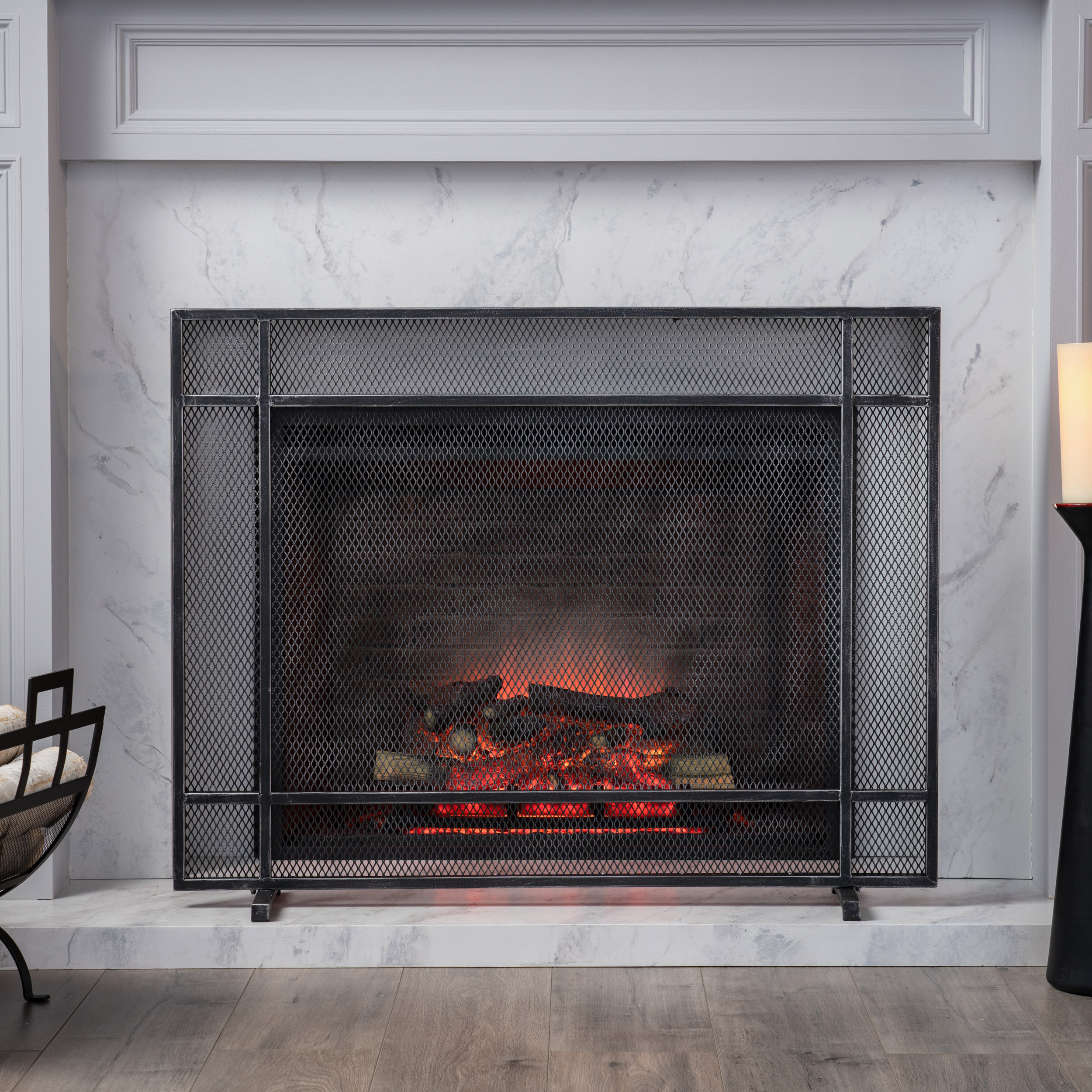 GDF Studio Dickinson Modern Iron Single Panel Fireplace Screen, Black Brushed Silver