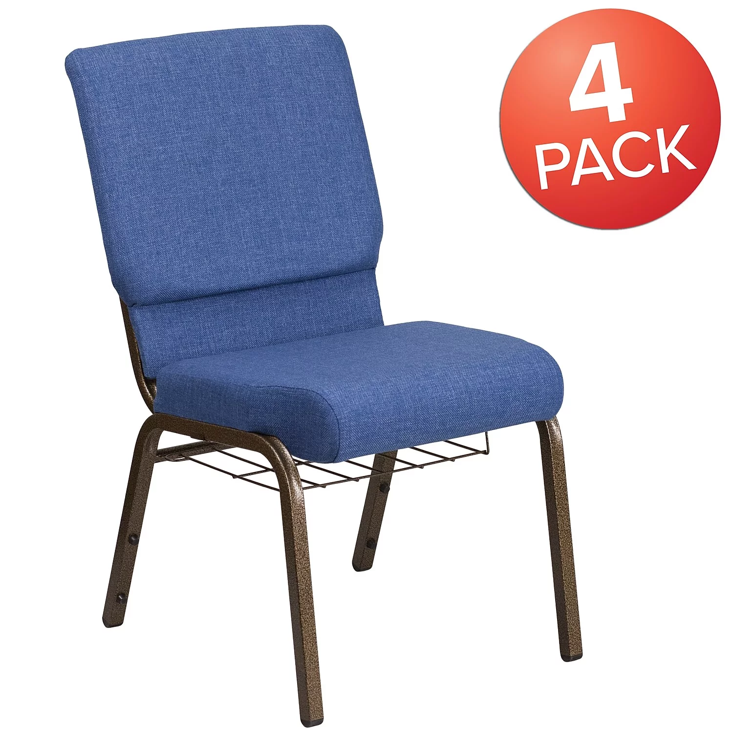 Flash Furniture HERCULES Series Fabric Church Stacking Chair with Book Rack Blue/Gold Vein Frame 4