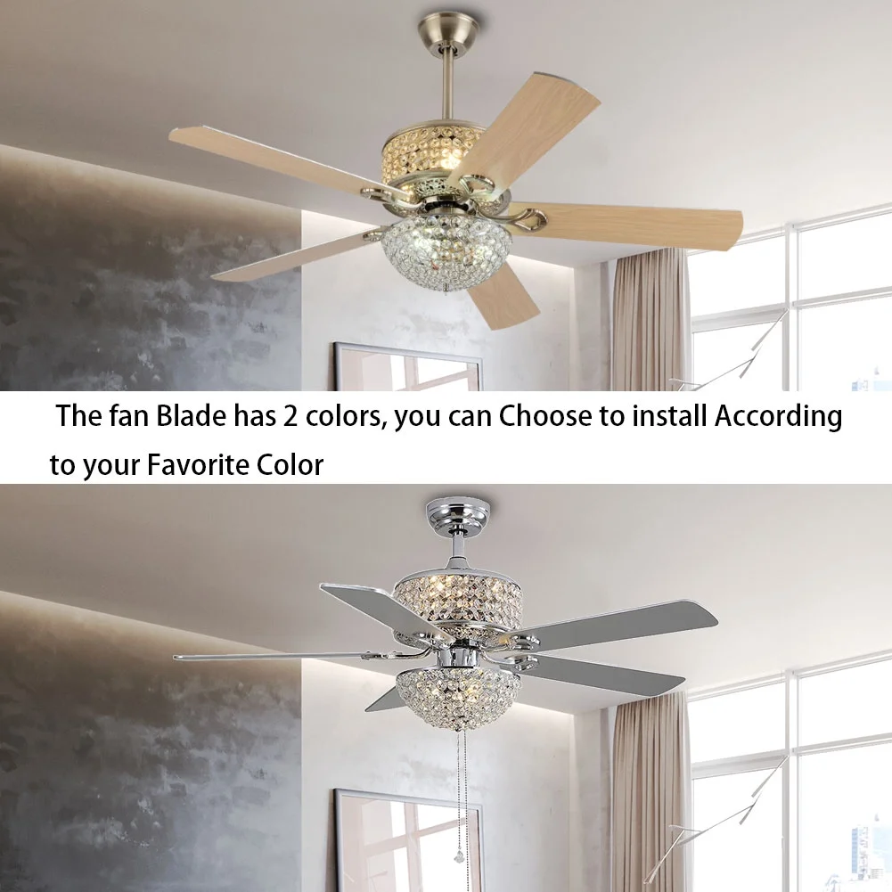 52'' Indoor/Outdoor Ceiling Fan with Light Remote Control, Silver Vintage Crystal Reversible Chandelier Fan Ceiling Light Fixture with 5 Blades