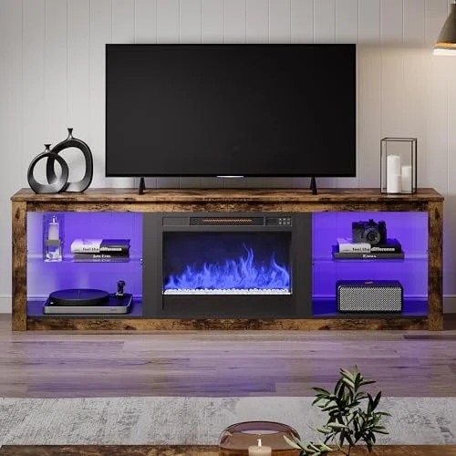 HBBOOMLIFE Electric Fireplace TV Stand for 75 inch TV LED Entertainment Center with Glass Shelves for Living Room Morden 70 inch TV Cabinet Rsutic Brown