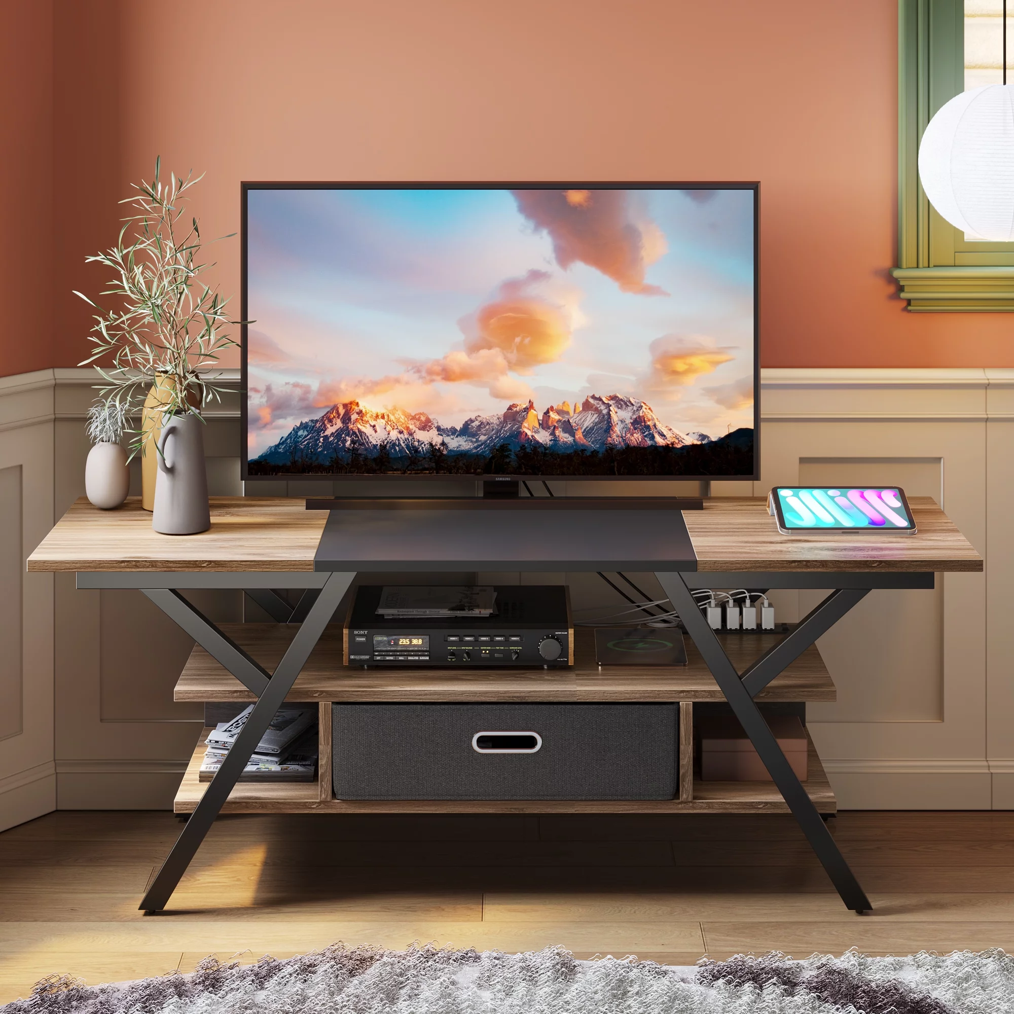 Bestier TV Stand with LED Lights & Outlets, Console Table for TVs up to 65