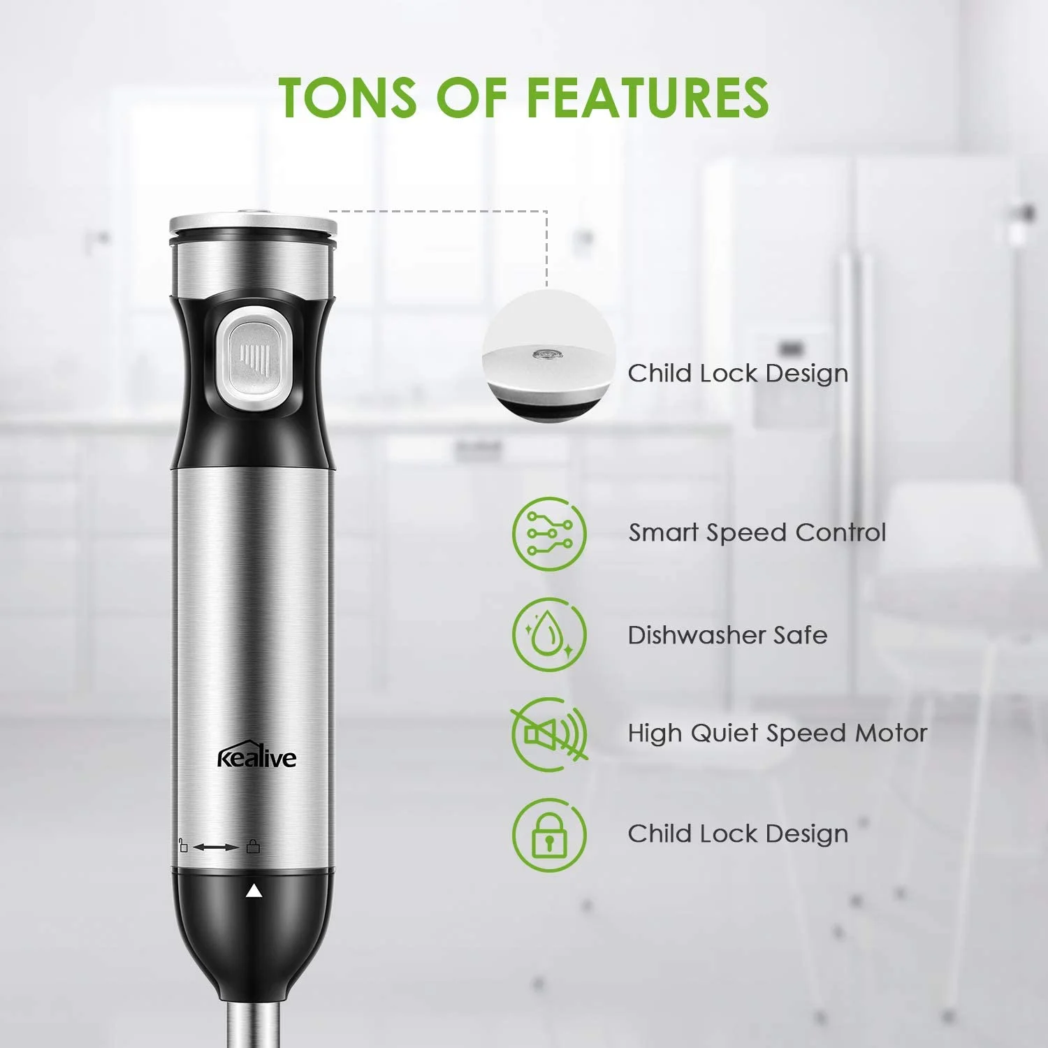 Imersion12-Speed Hand Blender with 20oz Tritan Portable Bottle (BPA Free), One Button Operation 4 Blade System, Brushed Stainless Steel, 300W