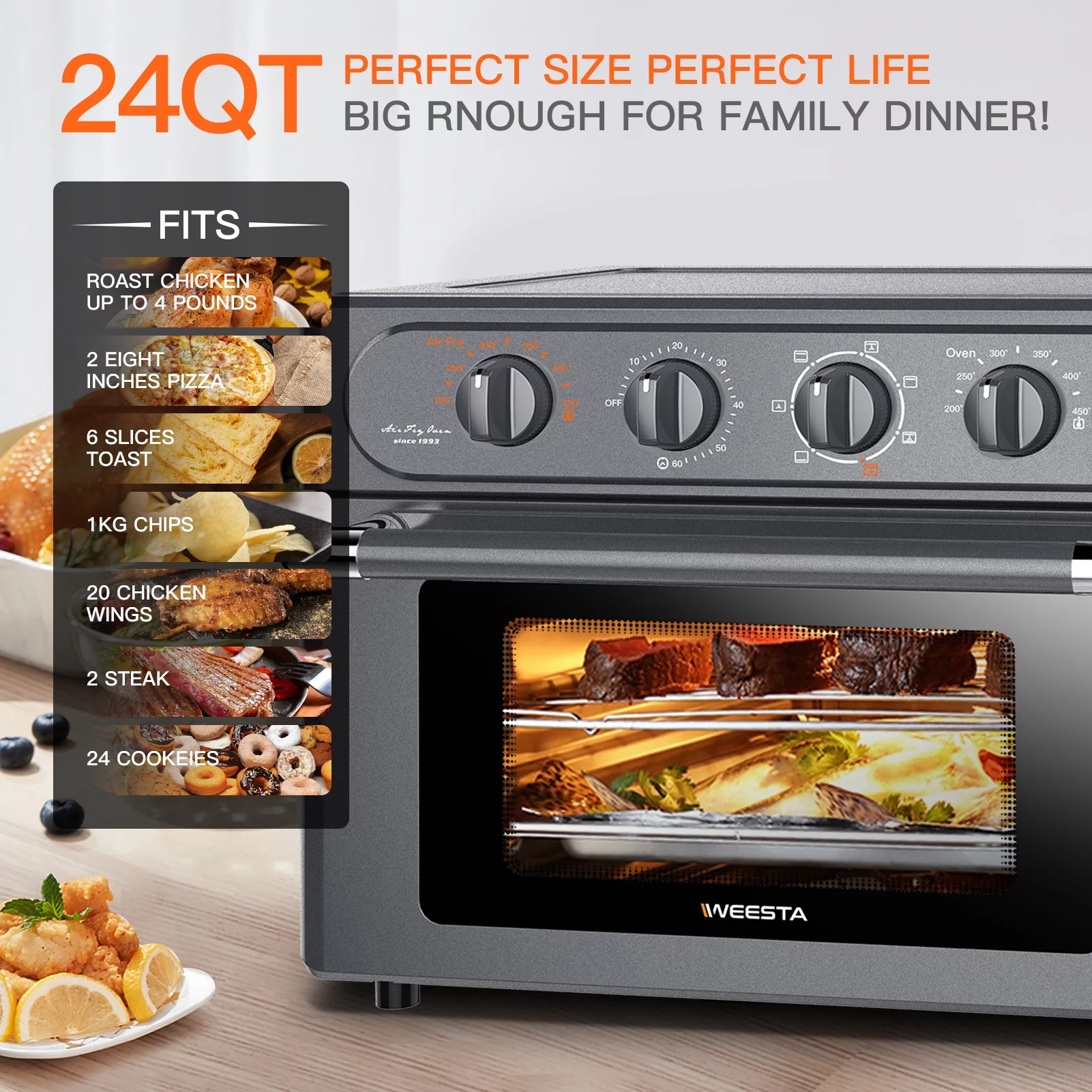 24Qt/23L Air Fryer, 7-in-1 Air Fryer Toast Oven Combo with Roast/Defrost, E-Recipes, Grey