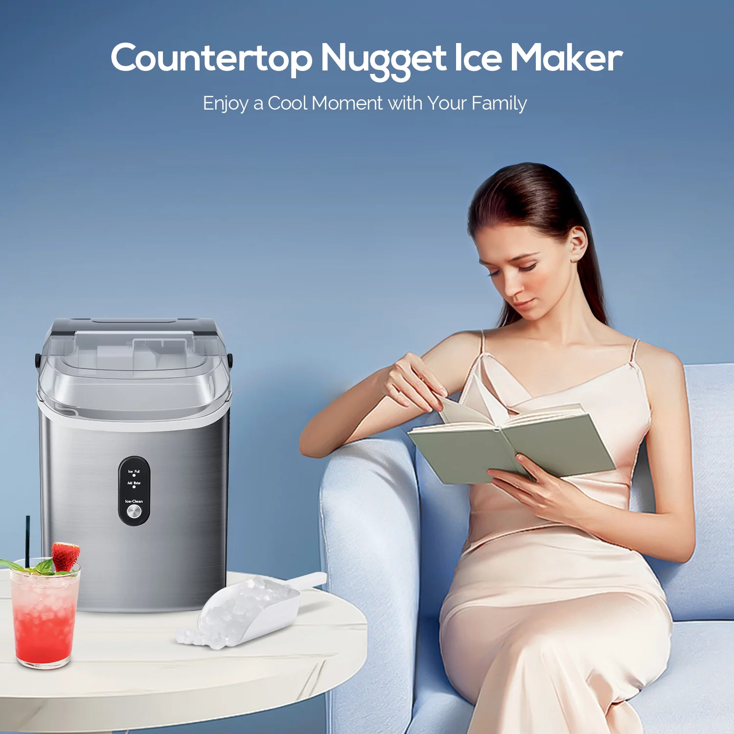 KISSAIR Portable Nugget Ice Maker Countertop, Self-Cleaning Function, 32lbs/24H, for Home/Office/Party Stainless Steel--Silver