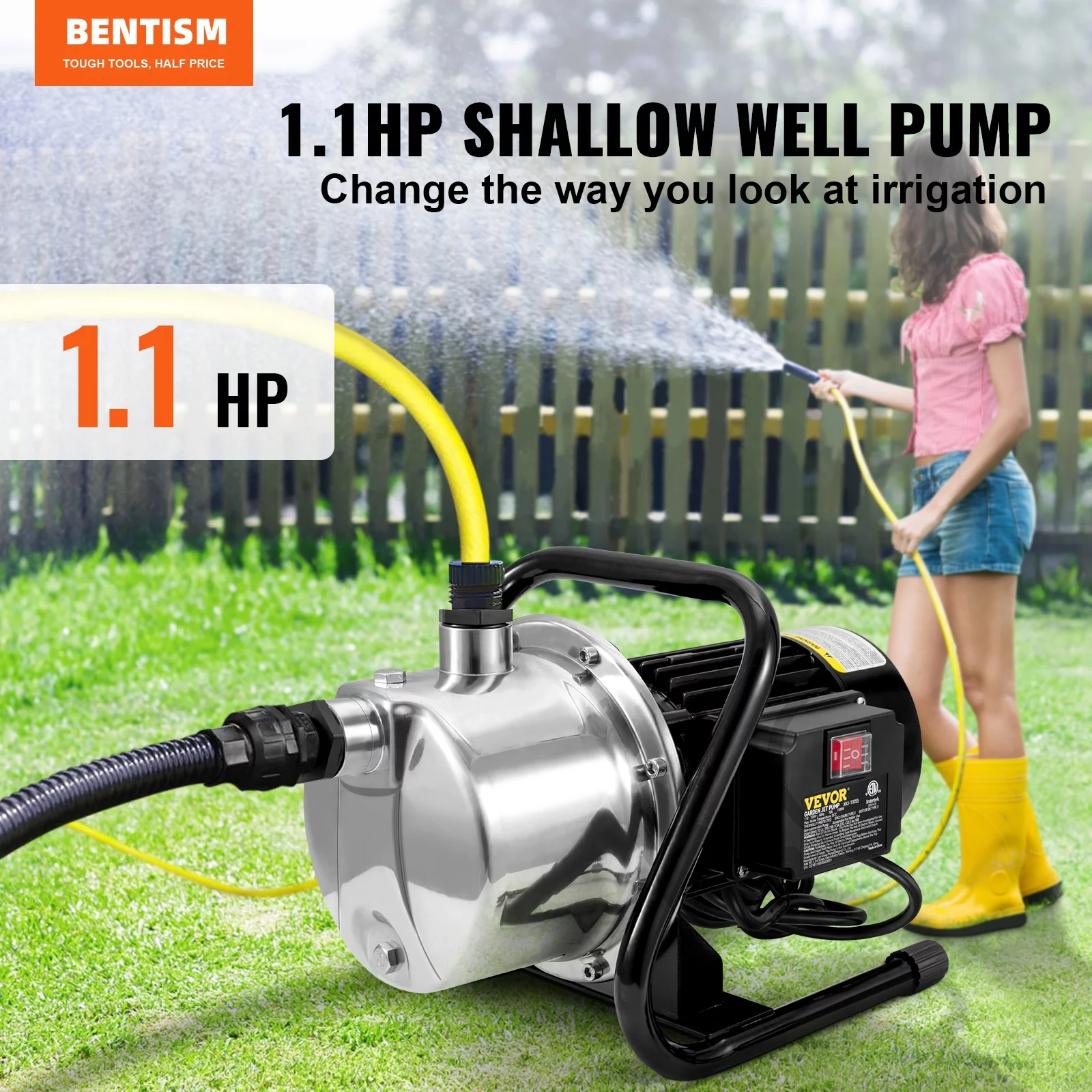 BENTISM Shallow Well Pump Portable Garden Water Jet Pump 1.1HP 978 GPH 131 ft Head
