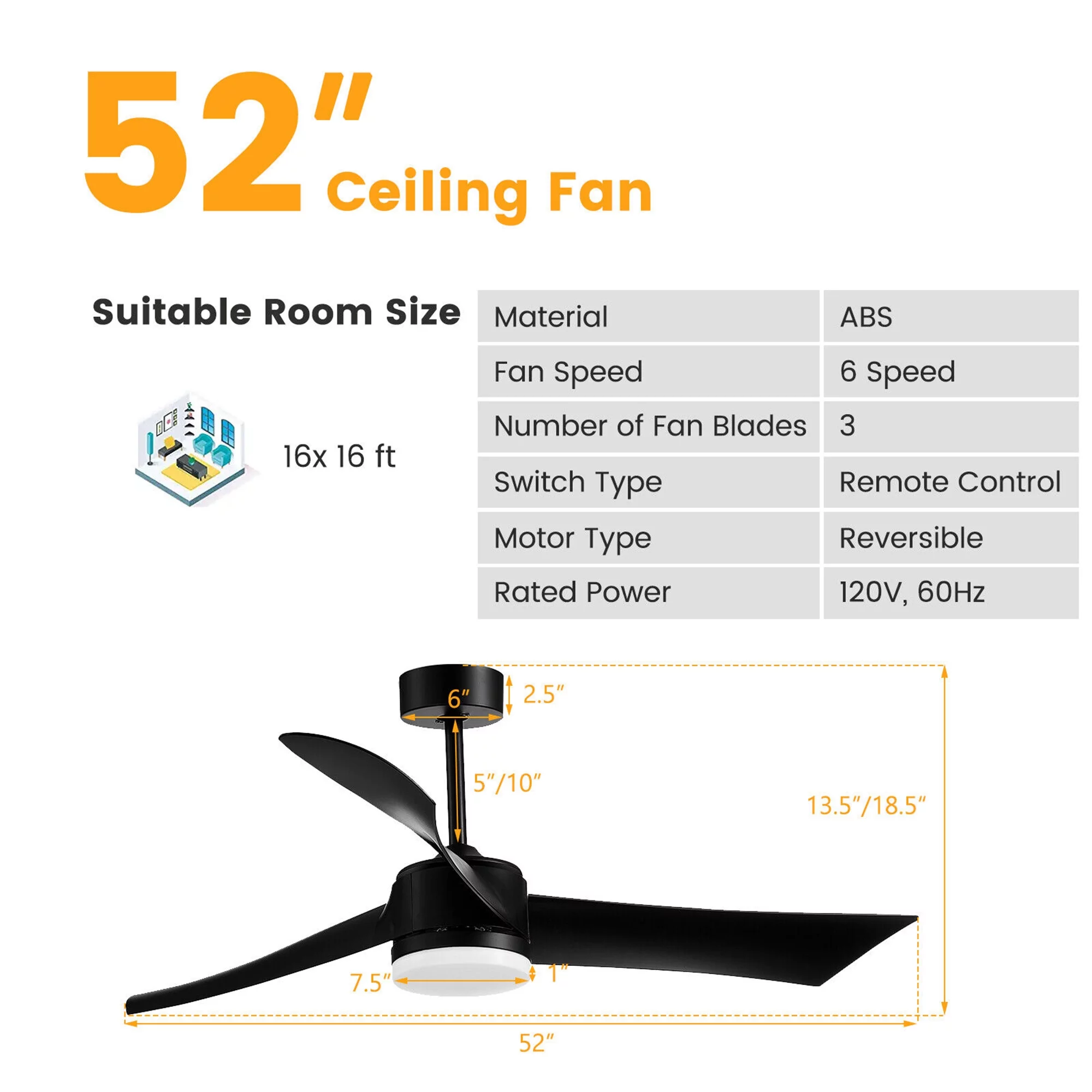 Gymax 52'' Reversible Ceiling Fan with Light 2700K/4200K/6500K LED Ceiling Fan Black