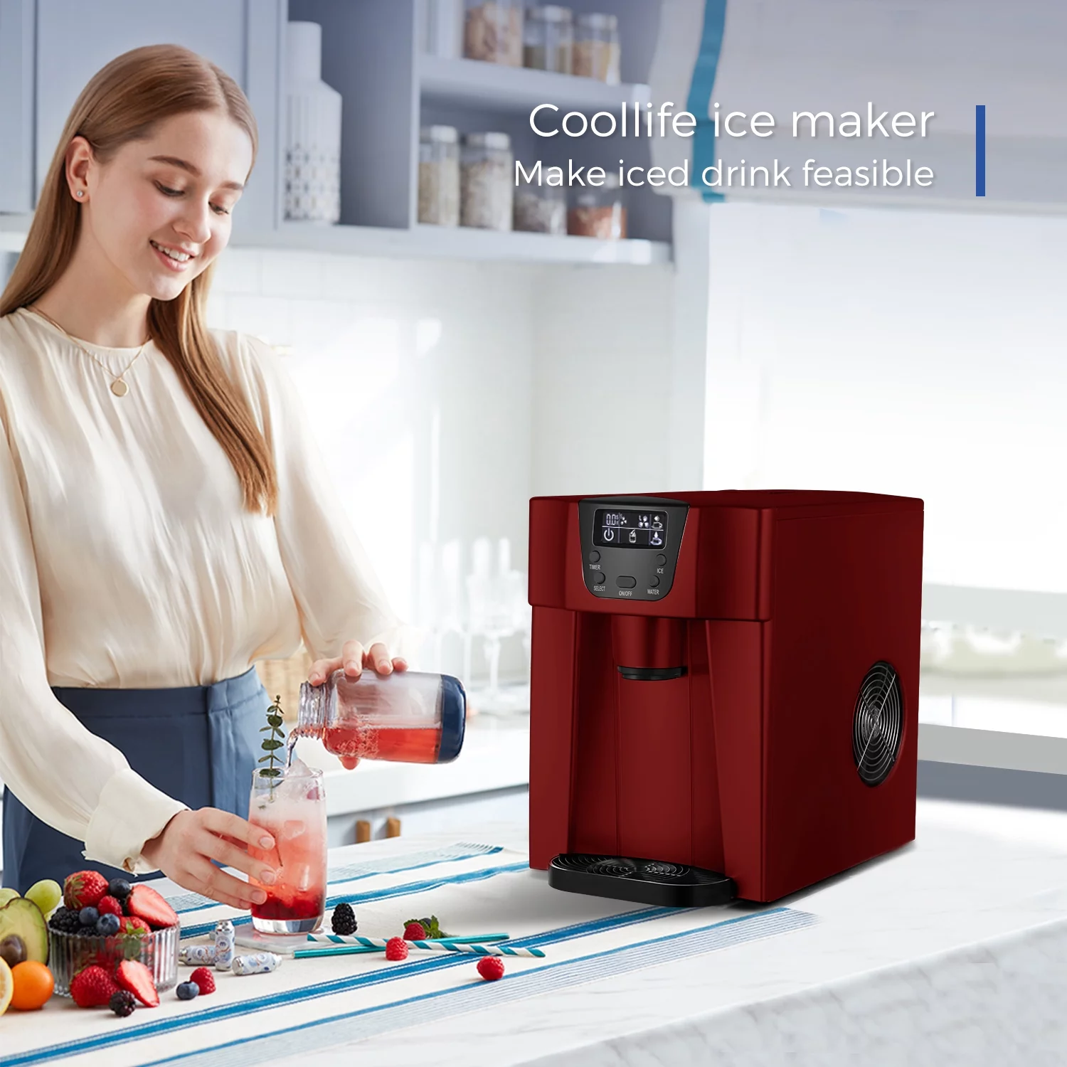 Ice Maker with Water Dispenser Countertop 26Lbs/24H LCD Display Portable Red