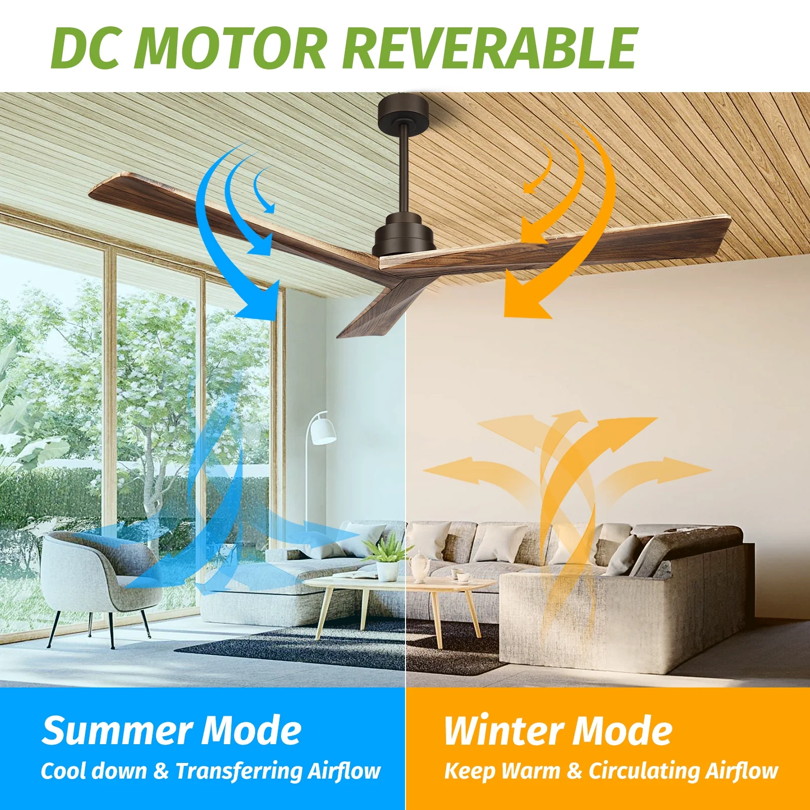 KAPOEFAN 60inch Ceiling Fan No Light, Outdoor Ceiling Fans Without Light, Modern Wood Ceiling Fans with Remote,Black Wooden Fan for Farmhouse Patio