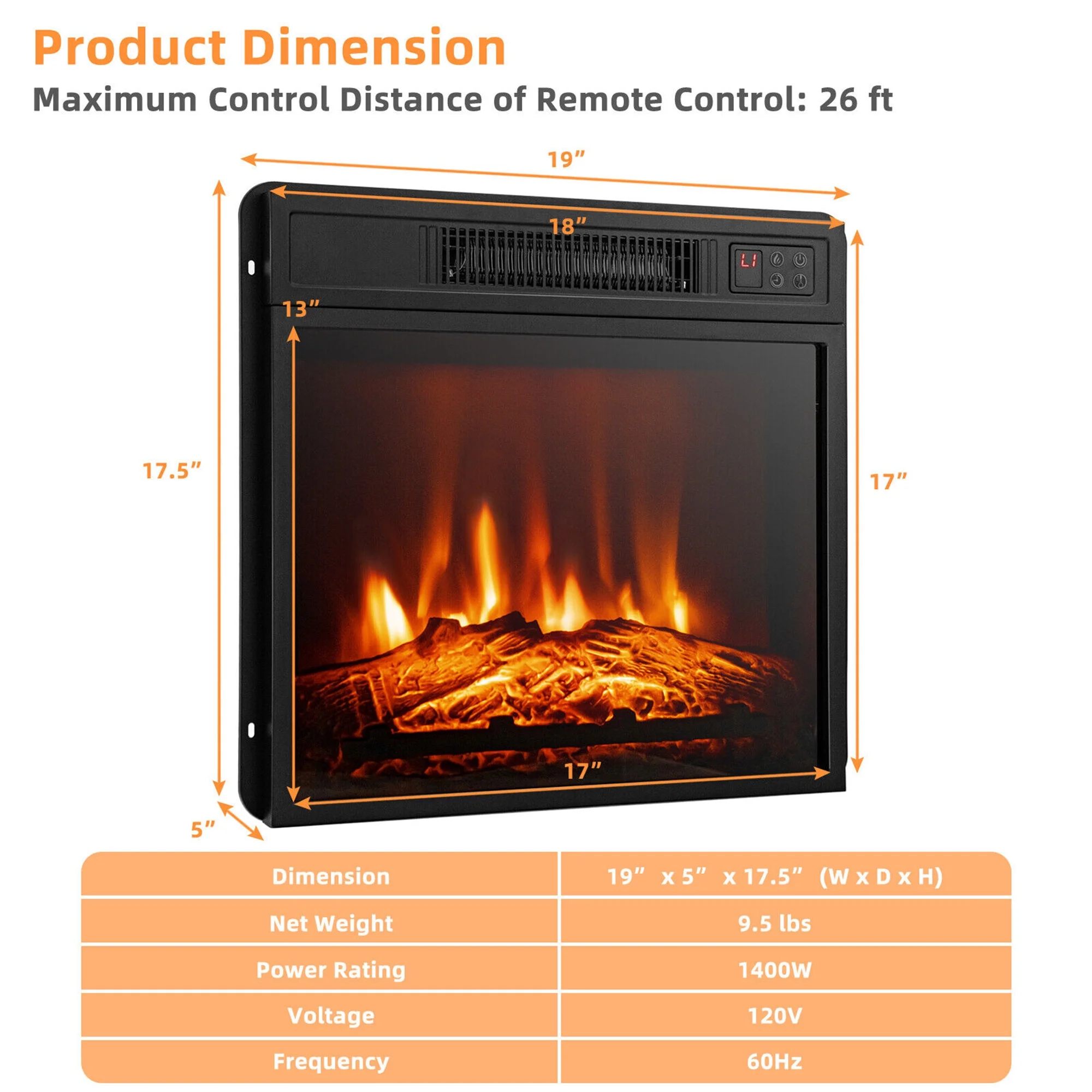 Gymax 18'' Electric Fireplace Inserts & Freestanding Adjustable Heater Log Flame 1400W