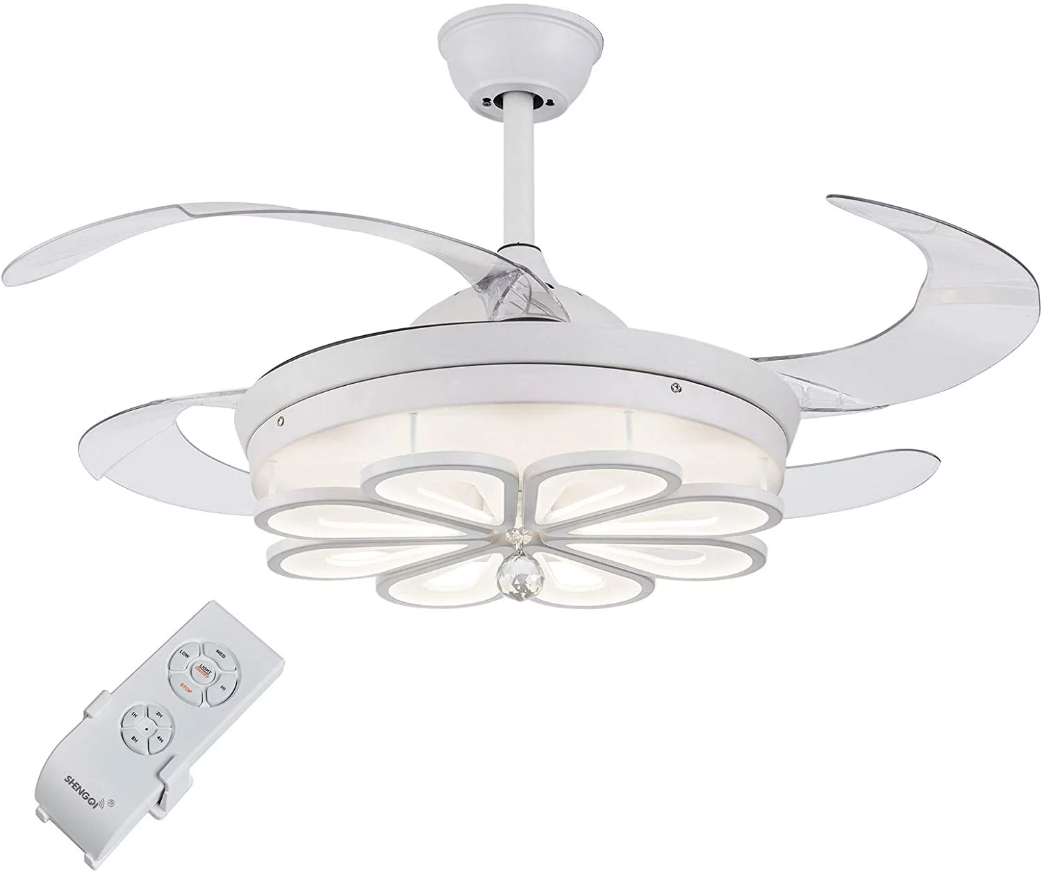 42' Retractable Blades Ceiling Fan Light LED White Flower-Shape Pendant Fan Lamp 3-Speed 3-Color Ceiling Fan Chandelier w/Remote