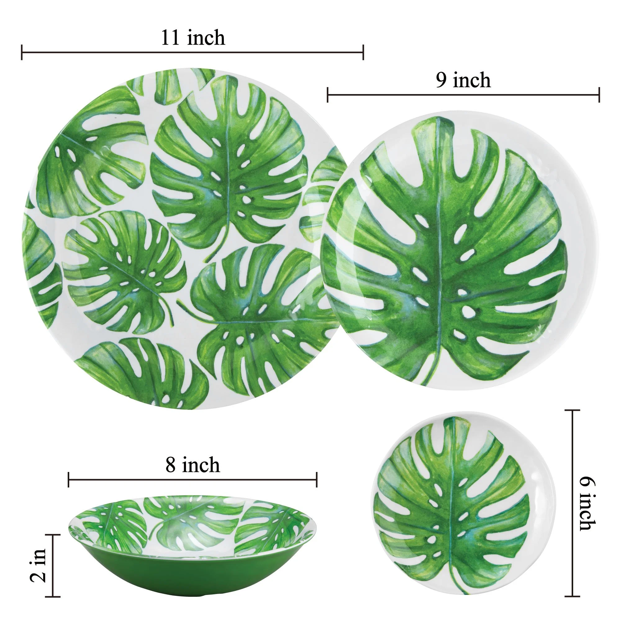 Gourmet Art 16-Piece Monstera Heavyweight and Durable Melamine Dinnerware Set, Service for 4. Includes Dinner Plates, Salad Plates, Dessert Plates and Bowls, Everyday Use.