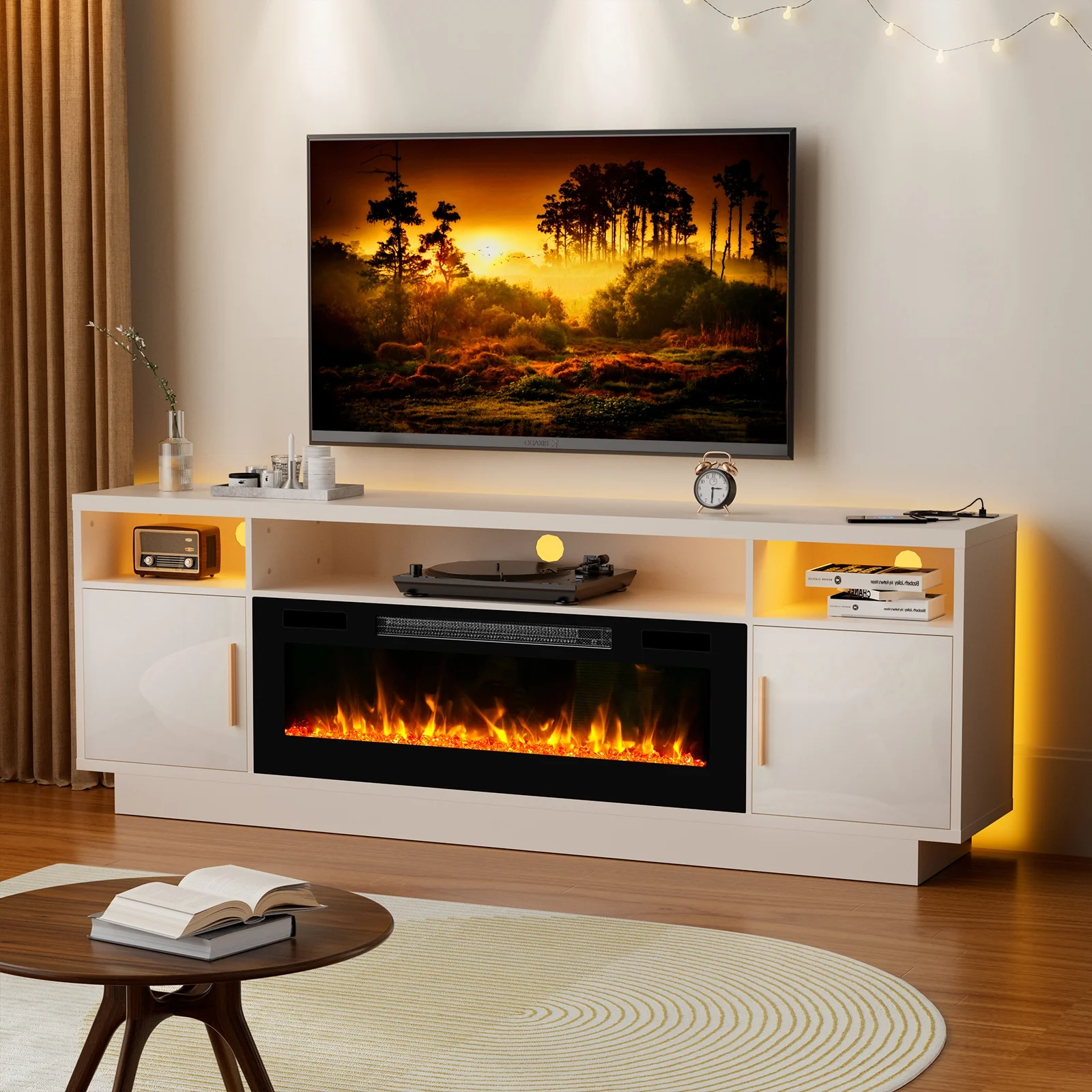 BREEZEHEAT Electric Fireplace TV Stand-70 inch TV Stand with 36' Electric Fireplace-Living Room Tv Cabinet with Storage for TVs Up to 80'-Led Entertainment Center��Modern Media Console (Black)