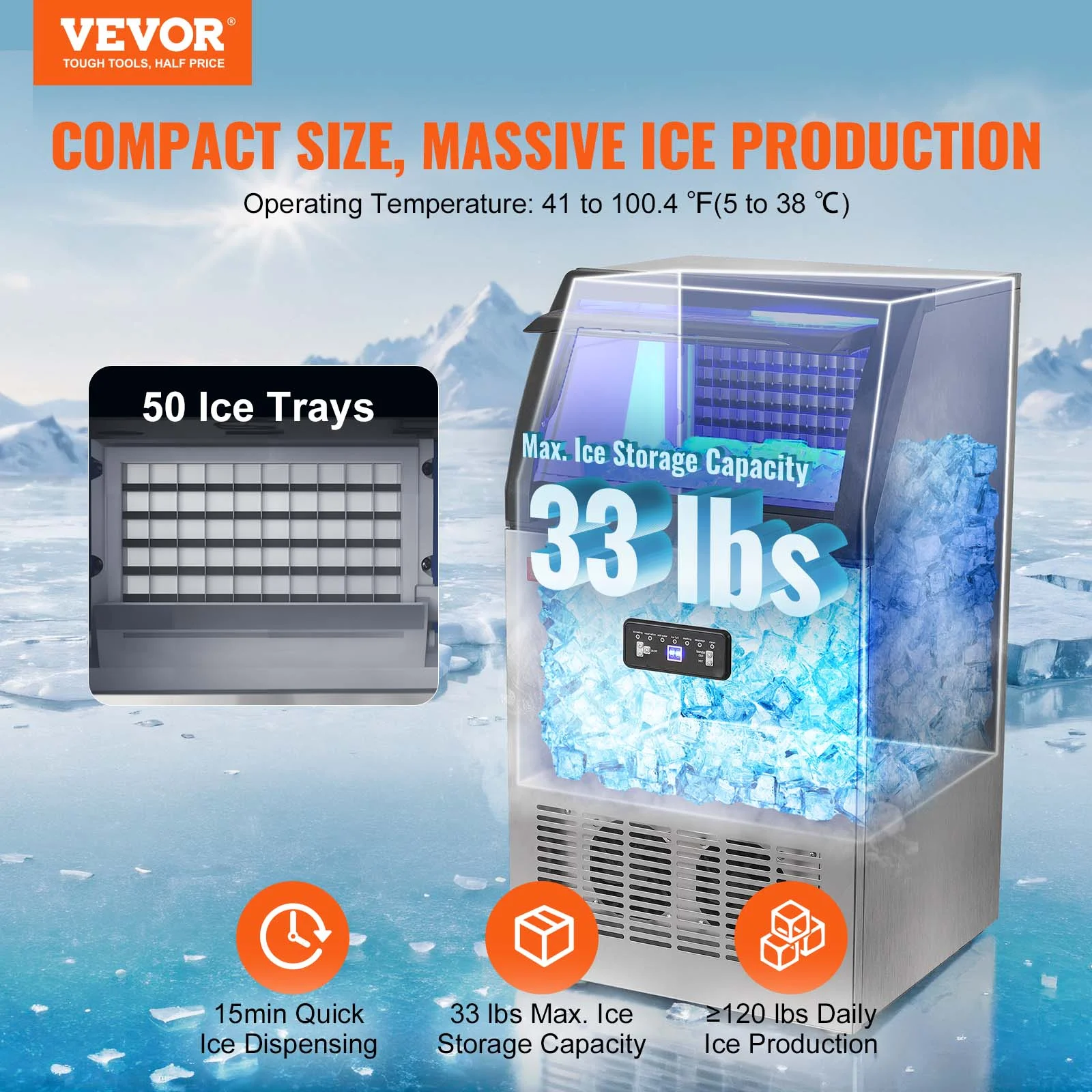 BENTISM 110V Commercial Ice Maker 110 lbs/24h with 44 lbs Bin, Clear Cube, LED Panel, Stainless Steel, Auto Clean, Include Water Filter, Scoop, Connection Hose, Professional Refrigeration Equipment