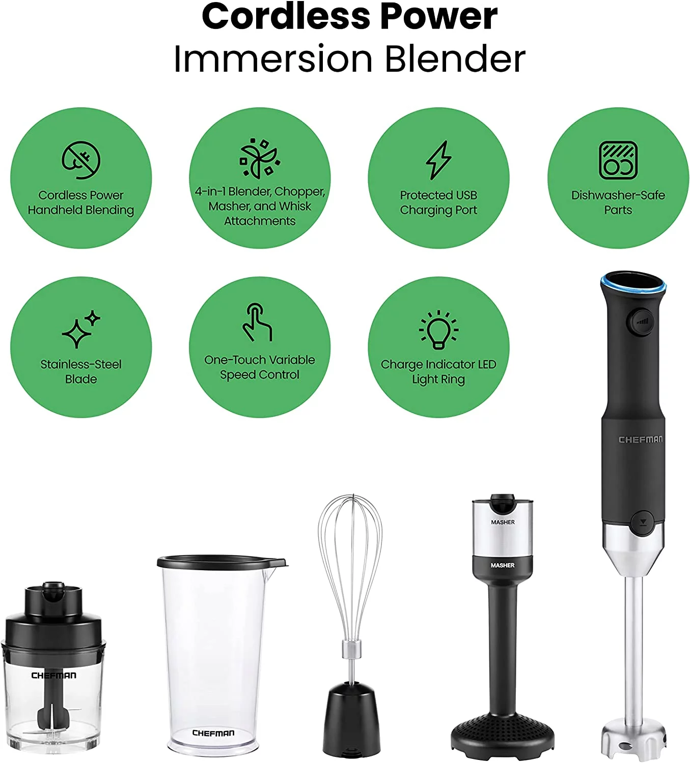 Chefman Cordless 5-in-1 Immersion Blender Set, Ice Crushing, Masher, Whisk, Chopper, Stainless Steel