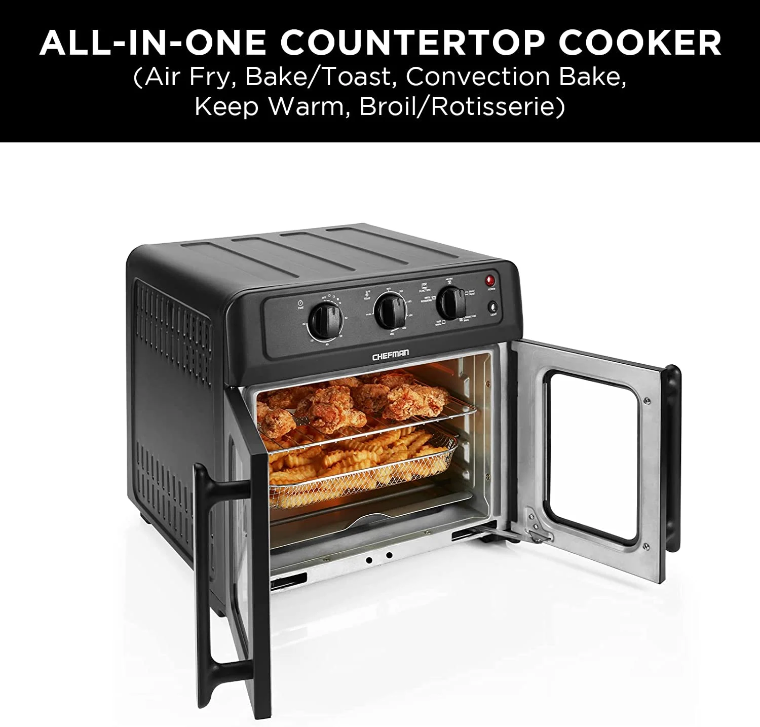 Chefman XL Air Fryer Oven w/ French Doors, 26 Qt Capacity, 5 Functions - Black, New