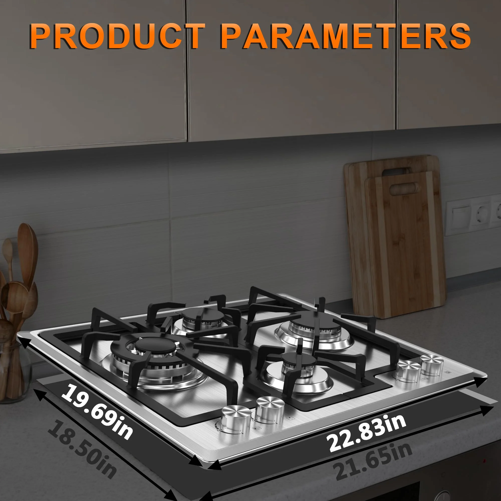 Gas Cooktop 23 inch, Adorer Bulit-in Gas Stove Top with 4 Burner, 23 Inch NG/LPG Convertible Cooktops, Four Burner Propane Cooktop with Thermocouple Protection, Stainless Steel