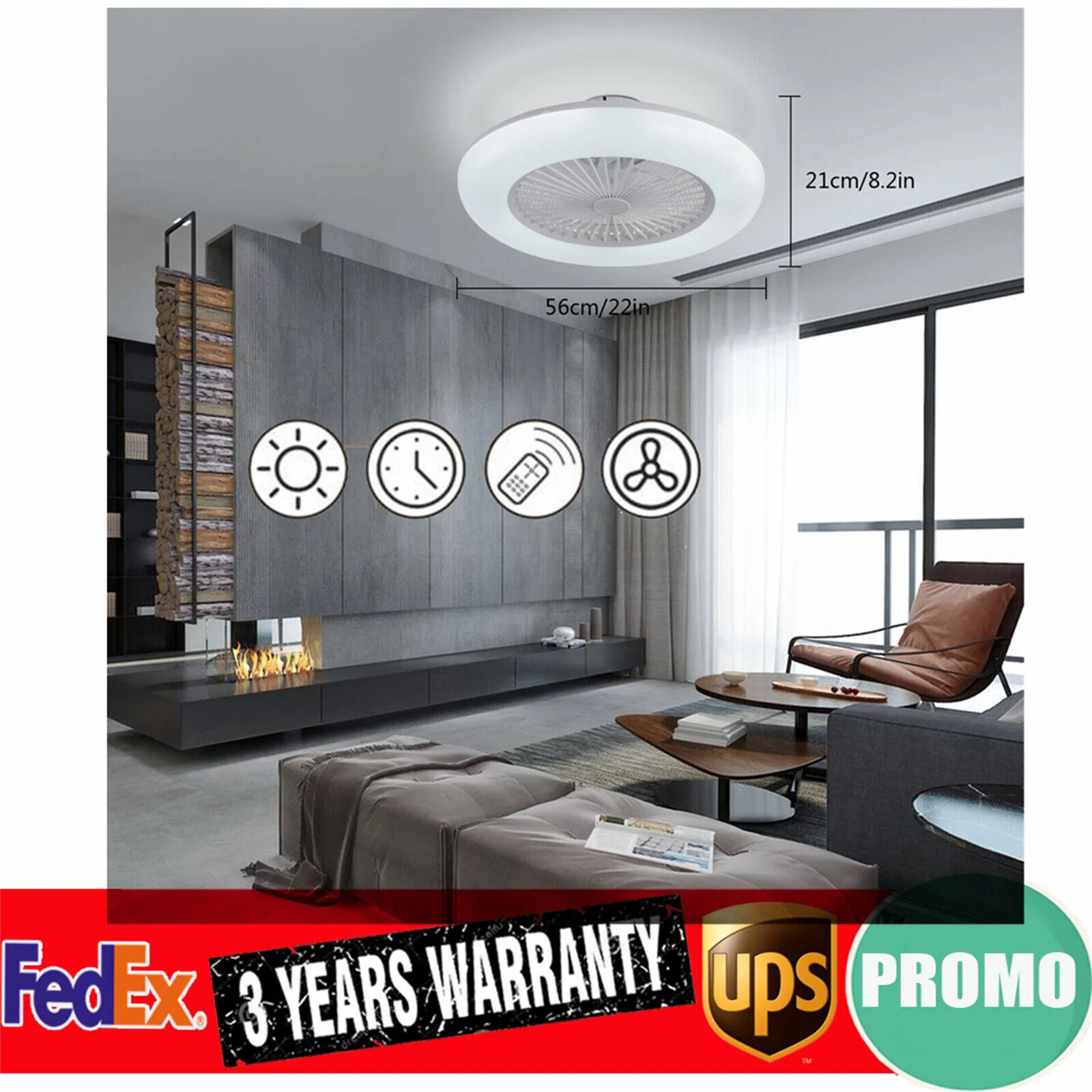 22' Invisible Ceiling Fan Light LED Chandelier Bladeless Lamp Remote Control USA
