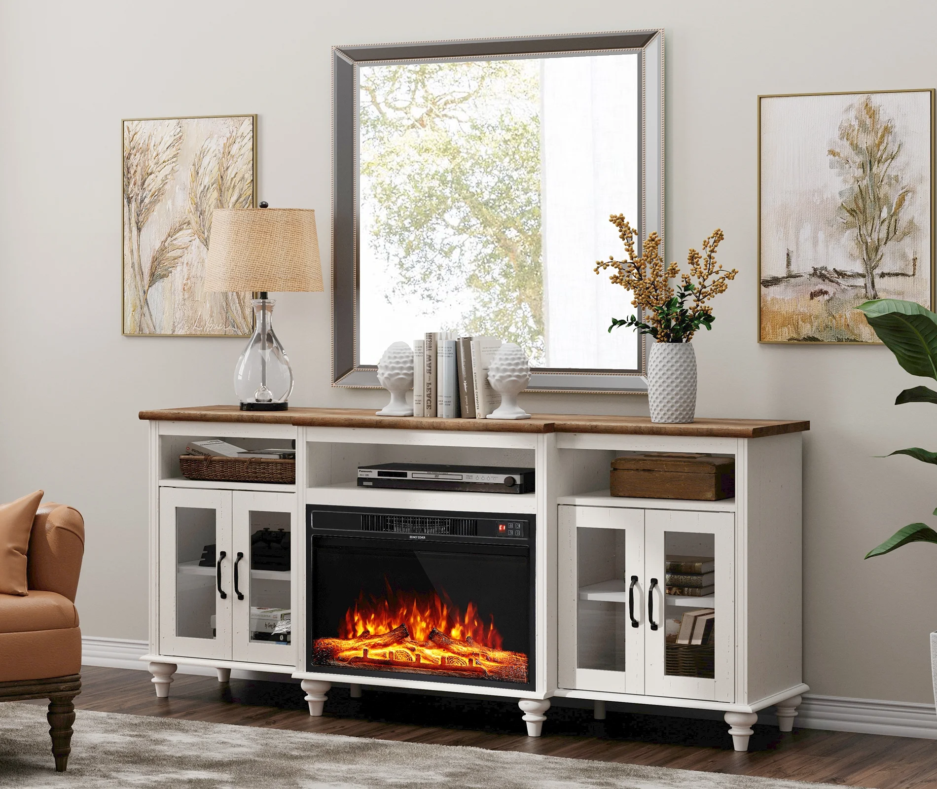 Glass Farmhouse Fireplace TV Stand for TVs up to 80,   Highboy Entertainment Center with 7 Storages, 75'' Large TV Console with 26'' Electric Fireplace, Antique White