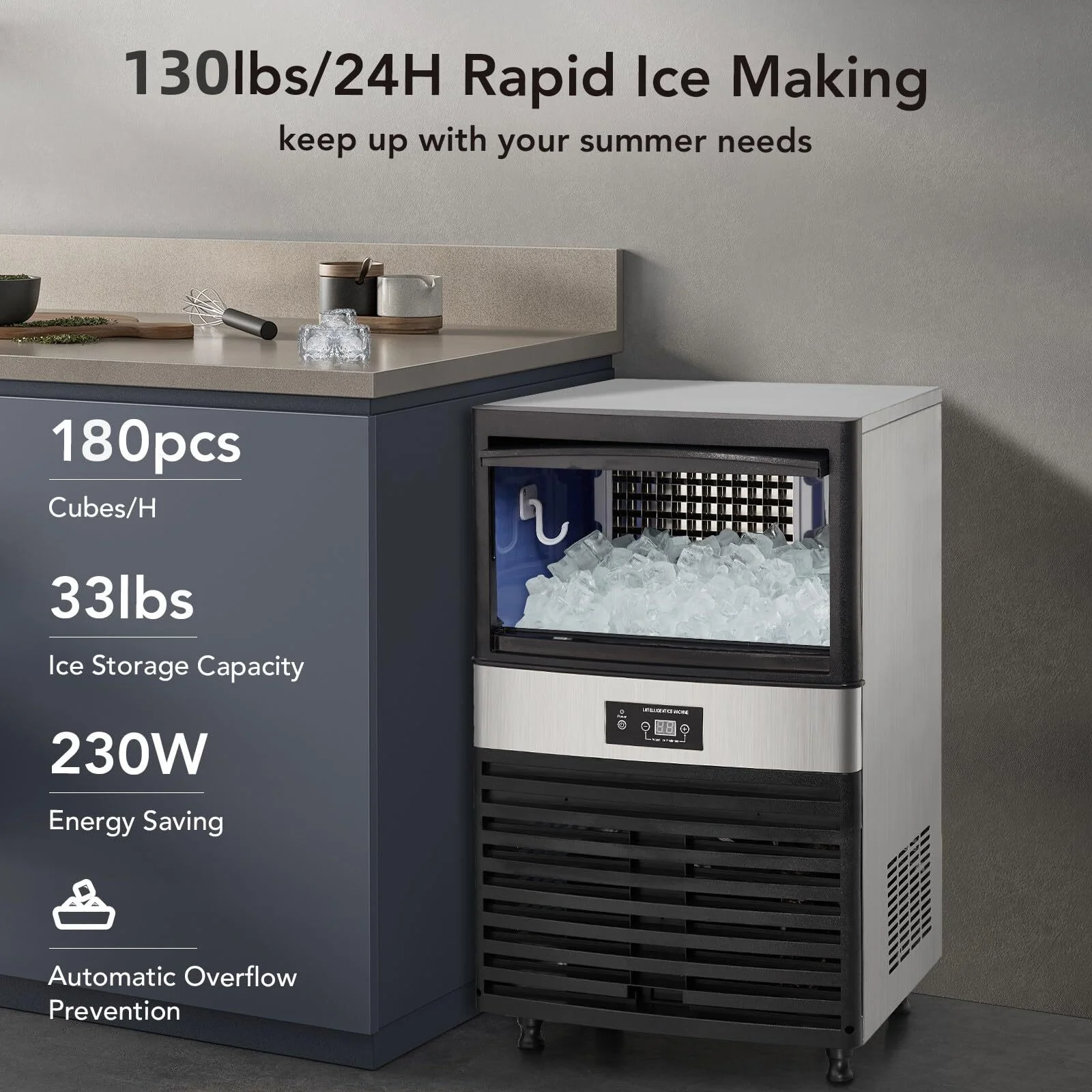 Entcook 110V Commercial Ice Maker 130Lbs/24H with 33Lbs Storage, 5x9 Cubes Automatic Ice Machine in Stainless Steel