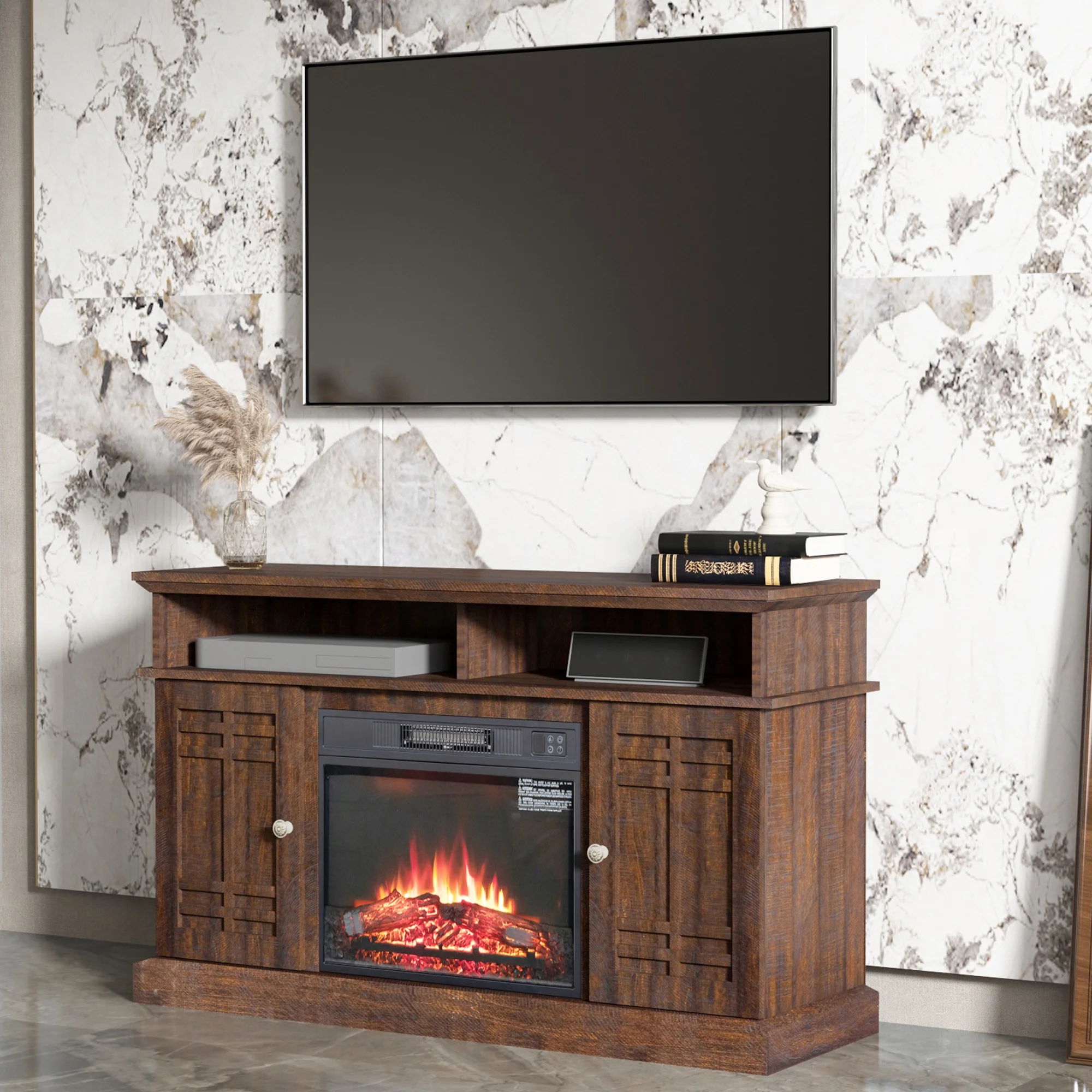 47' TV Stand with Fireplace, Fireplace Heater TV Stand for 65' TVs, Wood Fake Fireplace Heater, Brown Electric Fireplace Entertainment Center with Doors and Adjustable Shelf