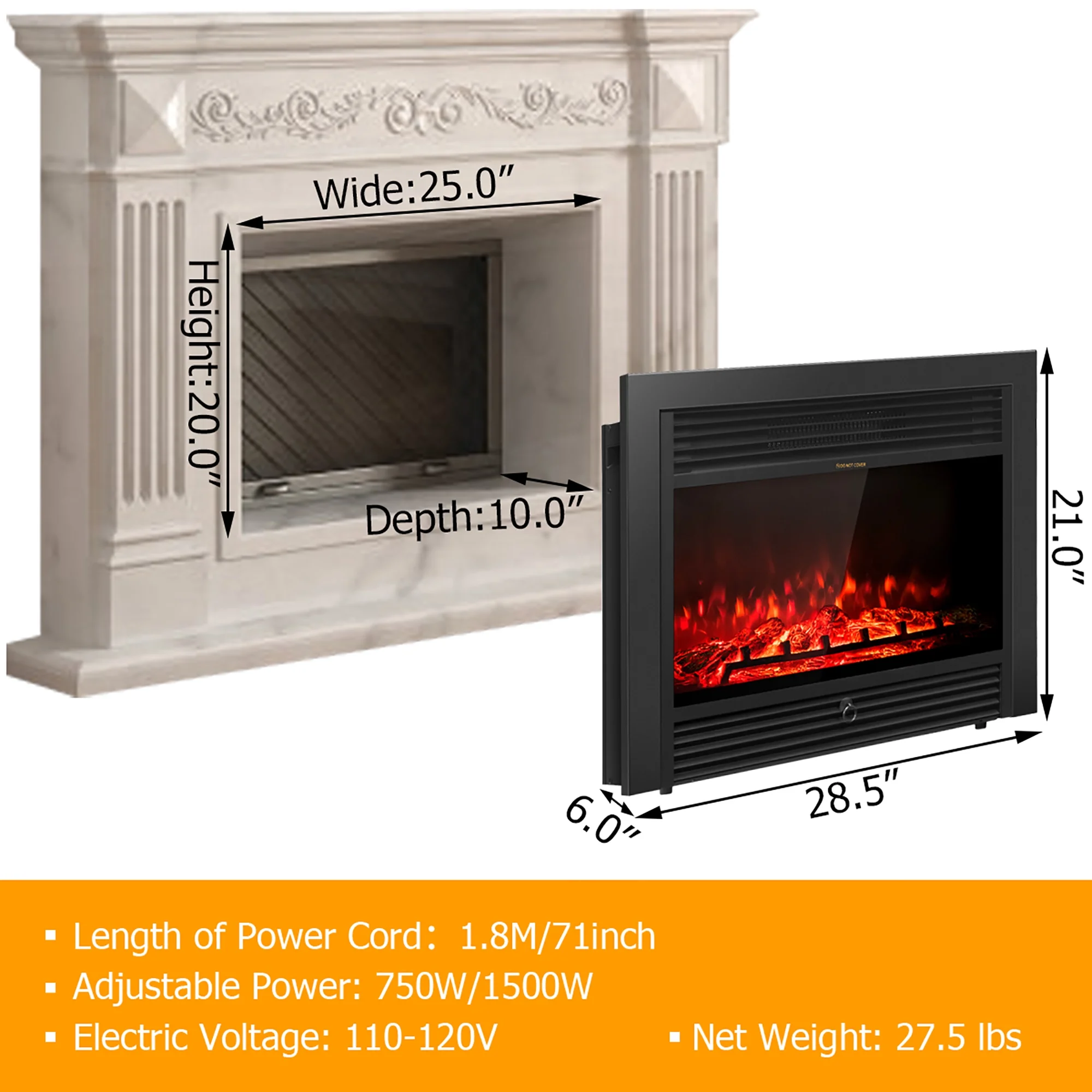 Costway 28.5' Fireplace Electric Embedded Insert Heater Glass Log Flame Remote