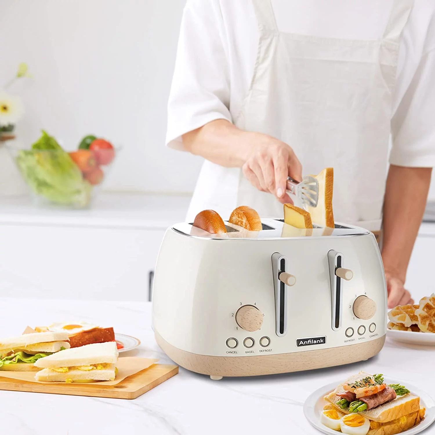Anfilank Toaster 4 Slice,Retro Stainless Steel Toaster with Extra Wide Slots Cancel, Bagel, Defrost Function, Cream
