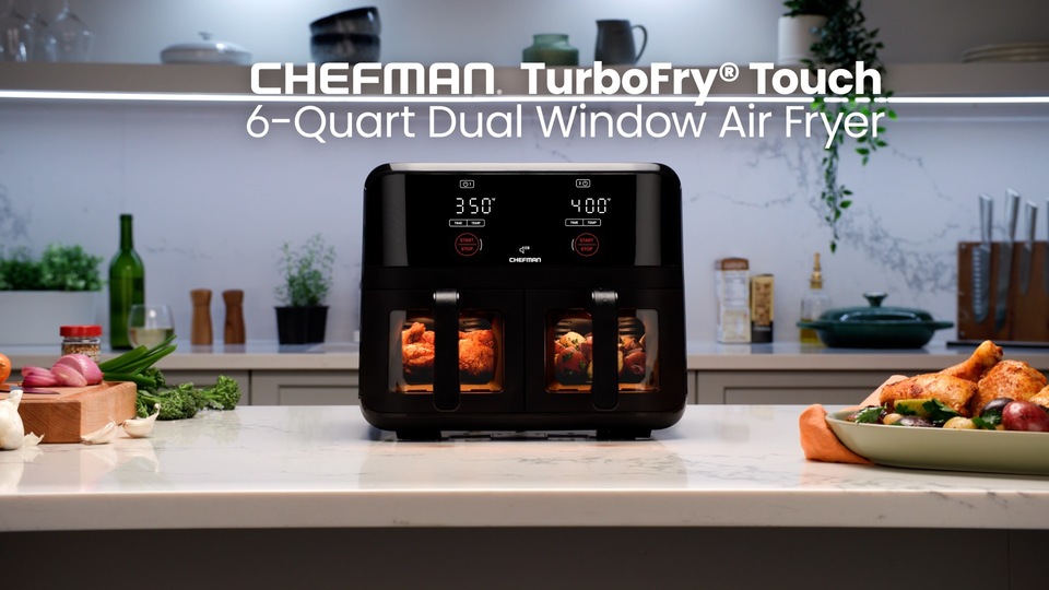 Chefman Dual Basket Digital Air Fryer Oven w/ Easy View Windows, 2 Independent 3 Qt Baskets - Black, New