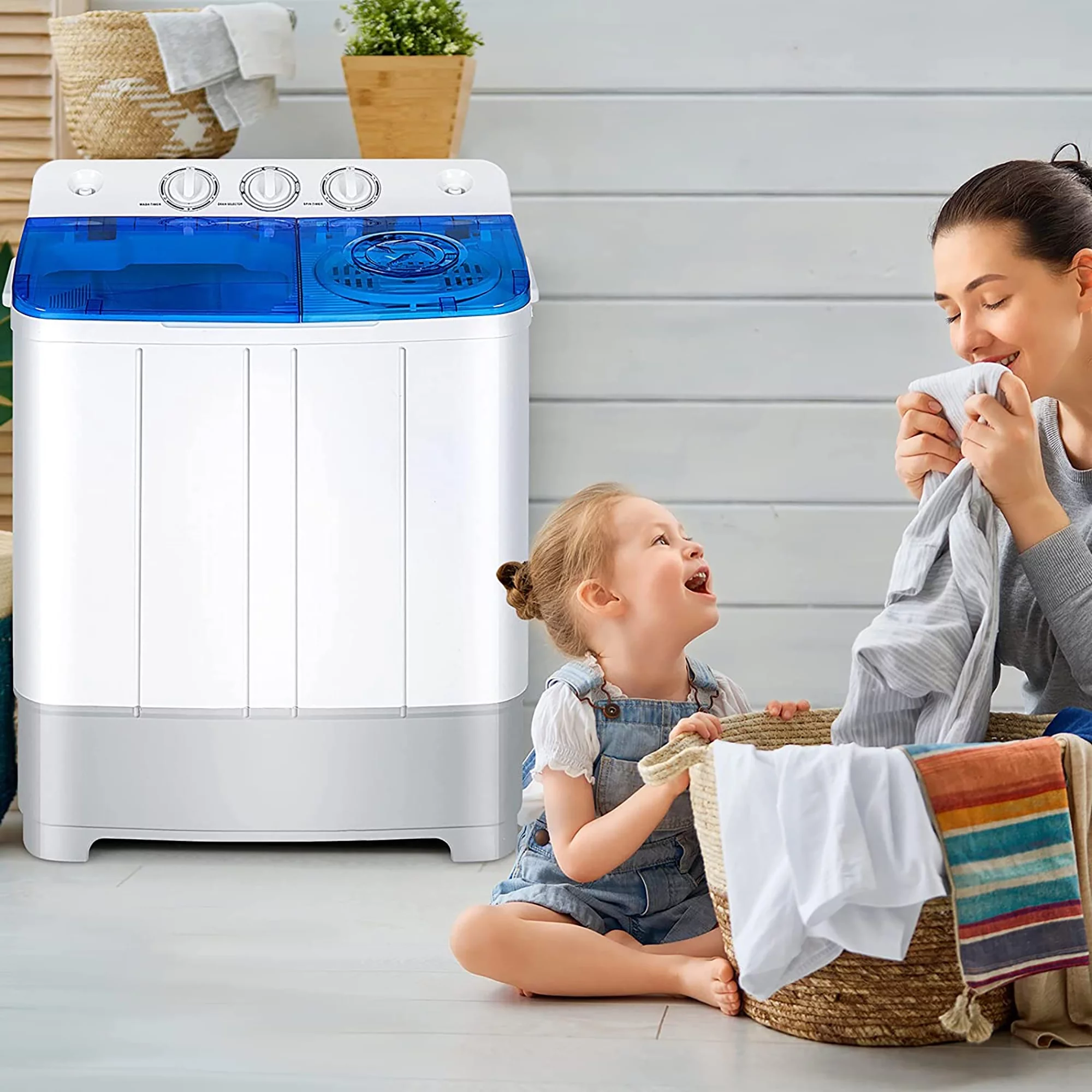 Costway Portable Twin Tub Washing Machine Washer(13.2lbs) & Spinner (8.8lbs) Blue