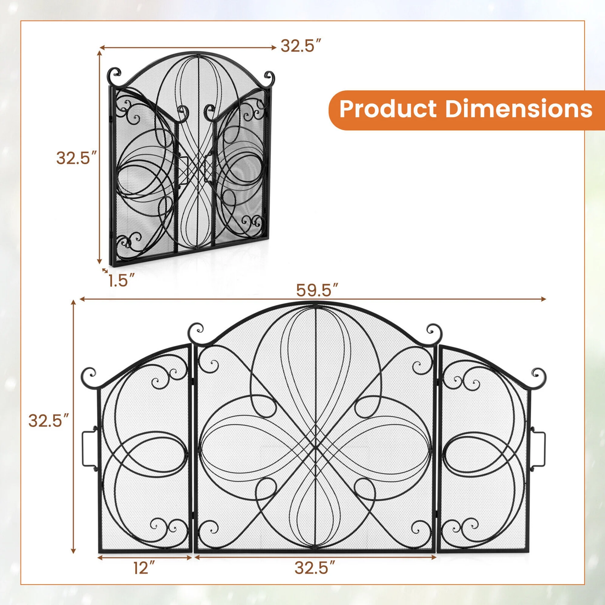 Gymax 59.5 x 32.5 Inch Fireplace Screen w/ Floral Pattern 3-Panel Folding Spark Guard
