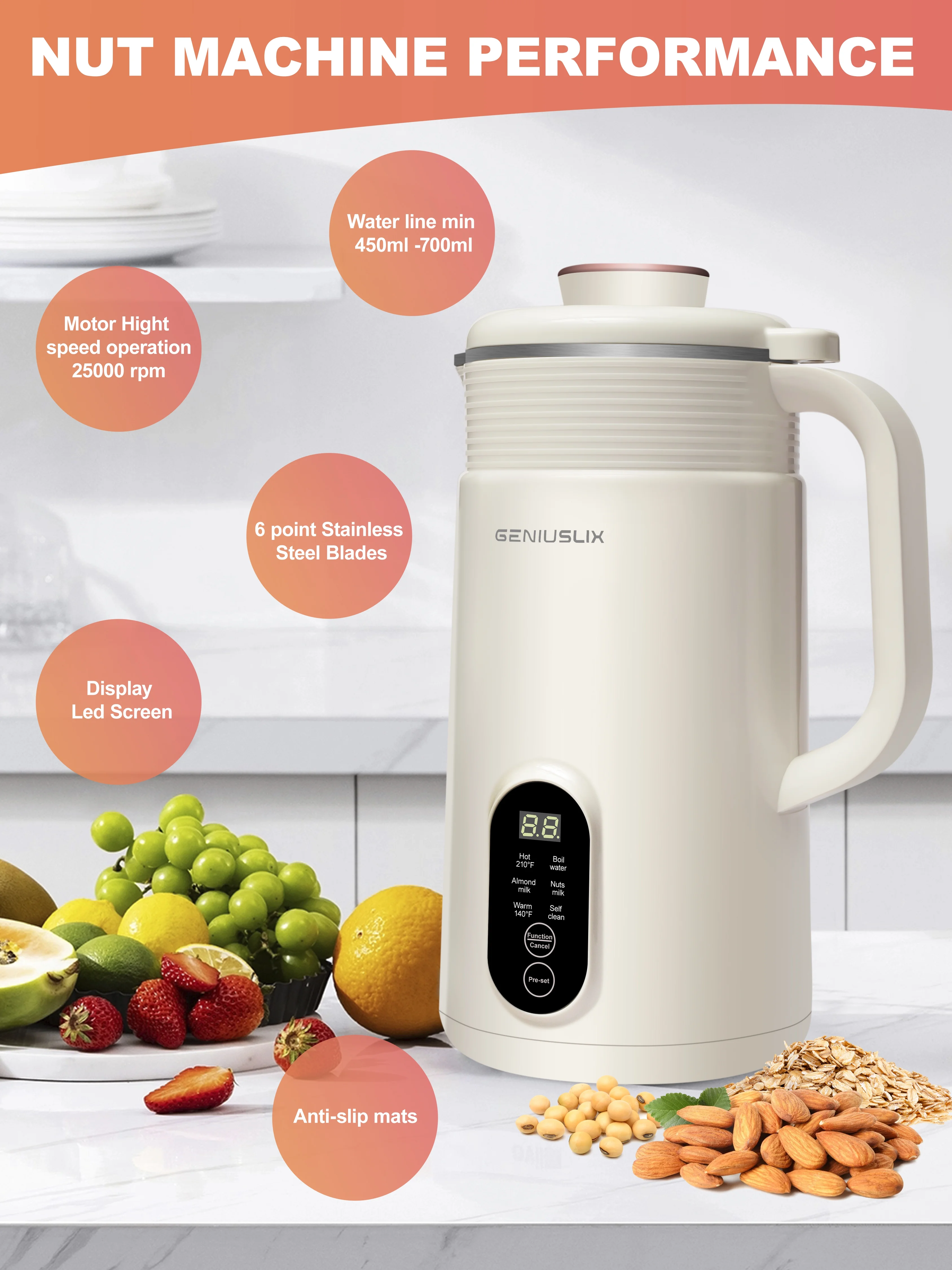Geniuslix Automatic Vegan Nut Milk Maker Machine 24 oz - Auto Clean & Temperature Control Soy Milk Maker, Homemade Non-Dairy Beverages - Oat/Coconut/Cashew/Almond Milk Machine with Recipe