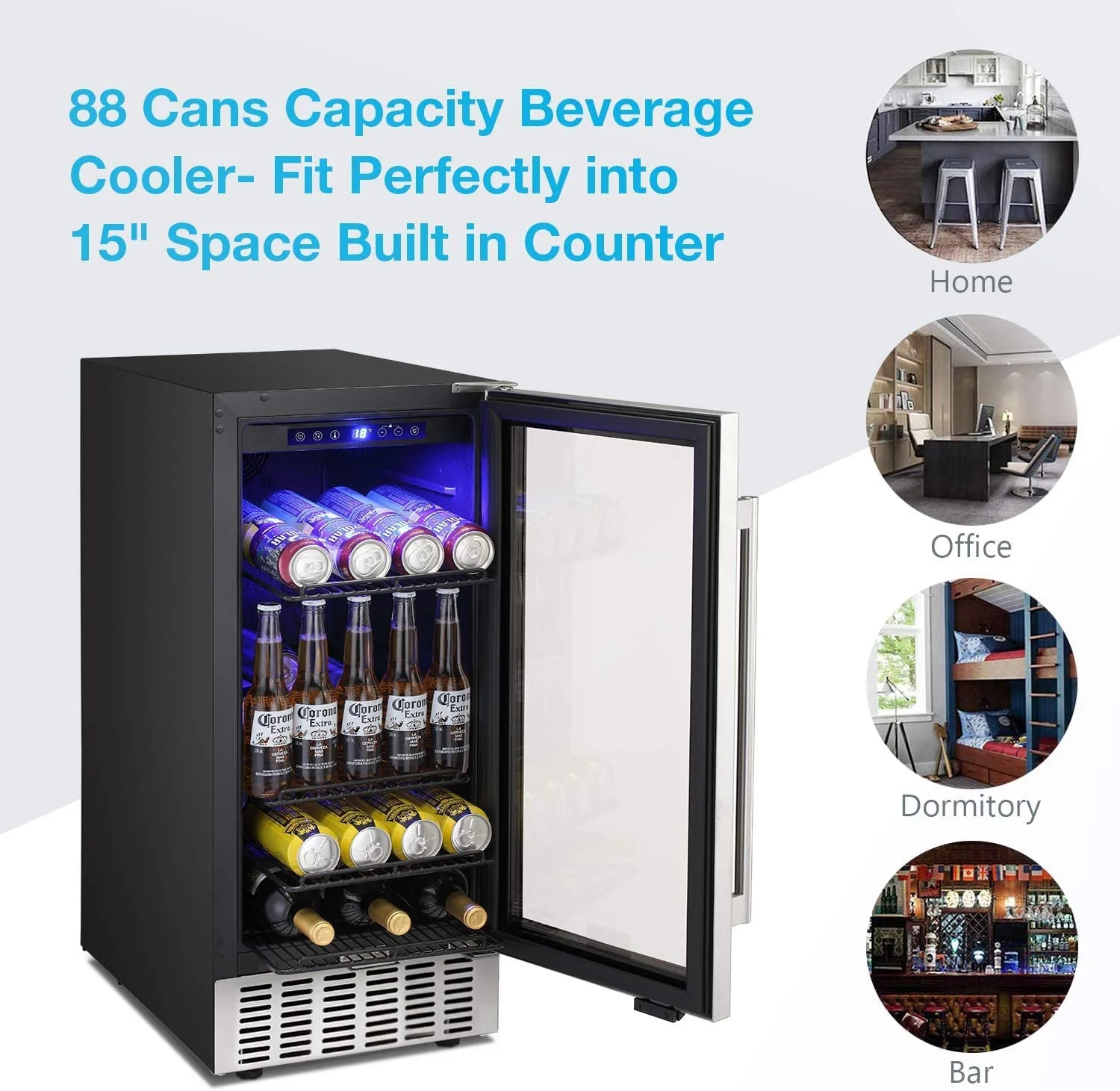 Fornido 15 Inch Beverage Refrigerator Built-in Wine Cooler Mini Fridge Clear Glass Door Digital Memory Temperature Control, Beer Soda LED Light, Quiet Operation