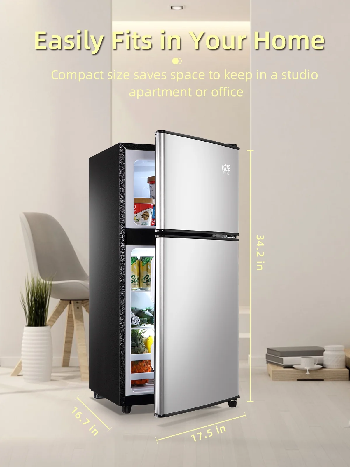 KRIB BLING 3.5 Cu.ft Mini Fridge with 7 Level Thermostat, Compact Refrigerator with Freezer on Top, Ideal for Dorm, Office, Silver