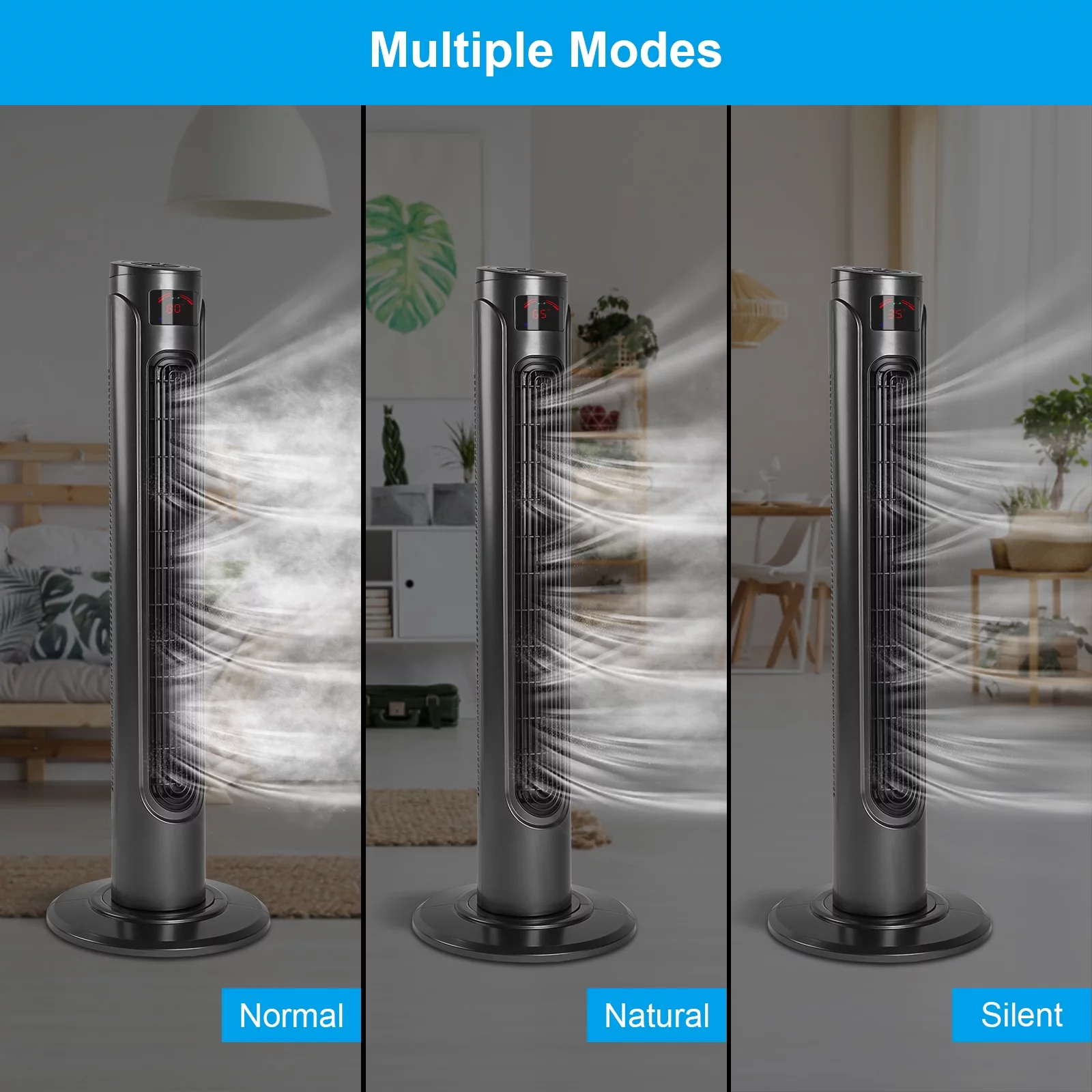 36 Inch High Efficiency Cooling Tower Fan with 3 Speed Settings and 15 Hour Timer, 70 Degree Auto Oscillating with Remote, Standing Fan for Bedroom Home Office
