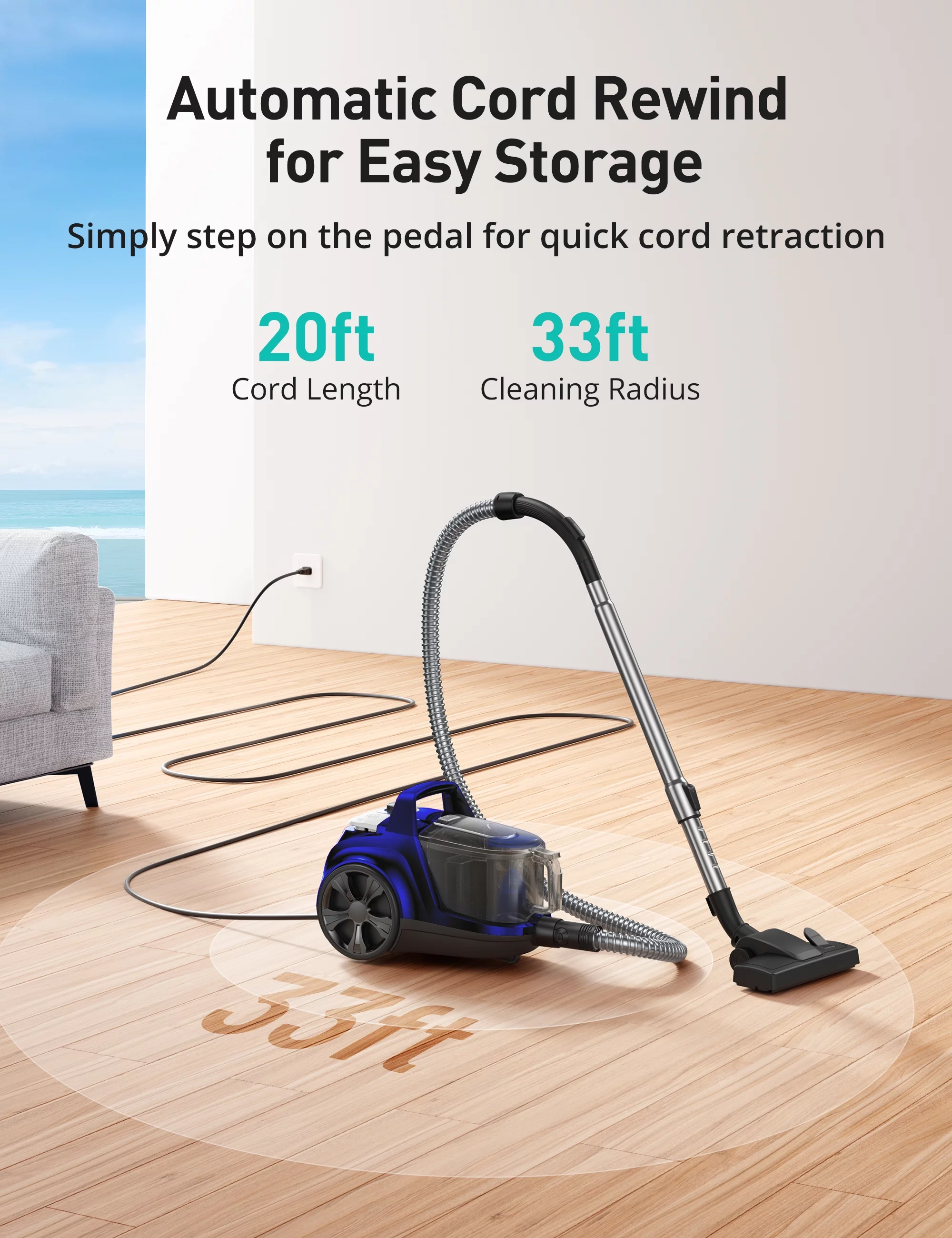 Aspiron Canister Vacuum Cleaner, 5 Brushes, 3.7QT Bagless Vacuum with Double HEPA Filter, New