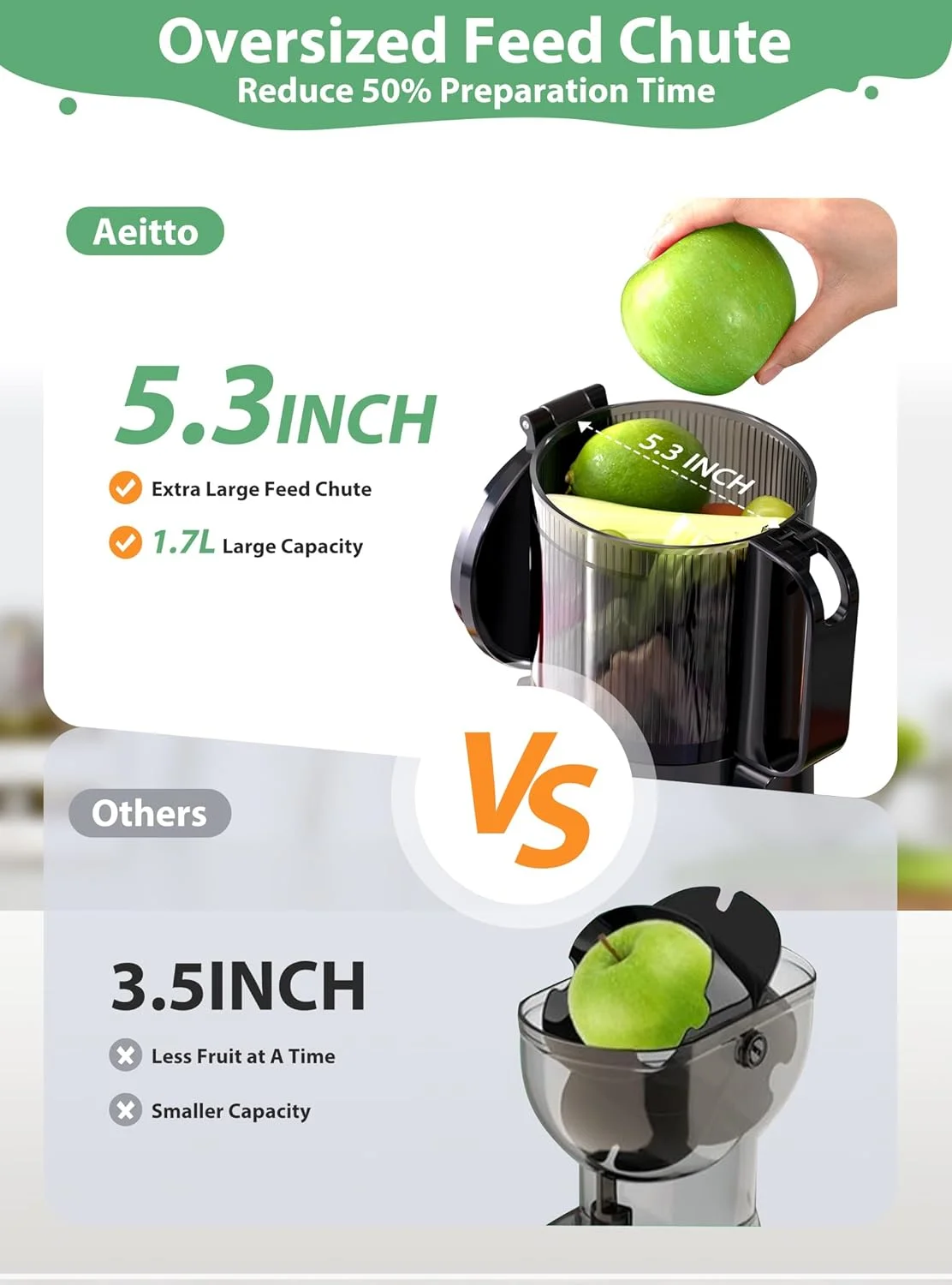 Aeitto Cold Press Juicer, Juicer Machine with 5.3' Large Feed Chute, 250W Whole Fruit juicer, 1.7L Large Capacity Juicer for Fruits and Vegetables, High Juice Yield, Easy to Clean with Brush, Gray