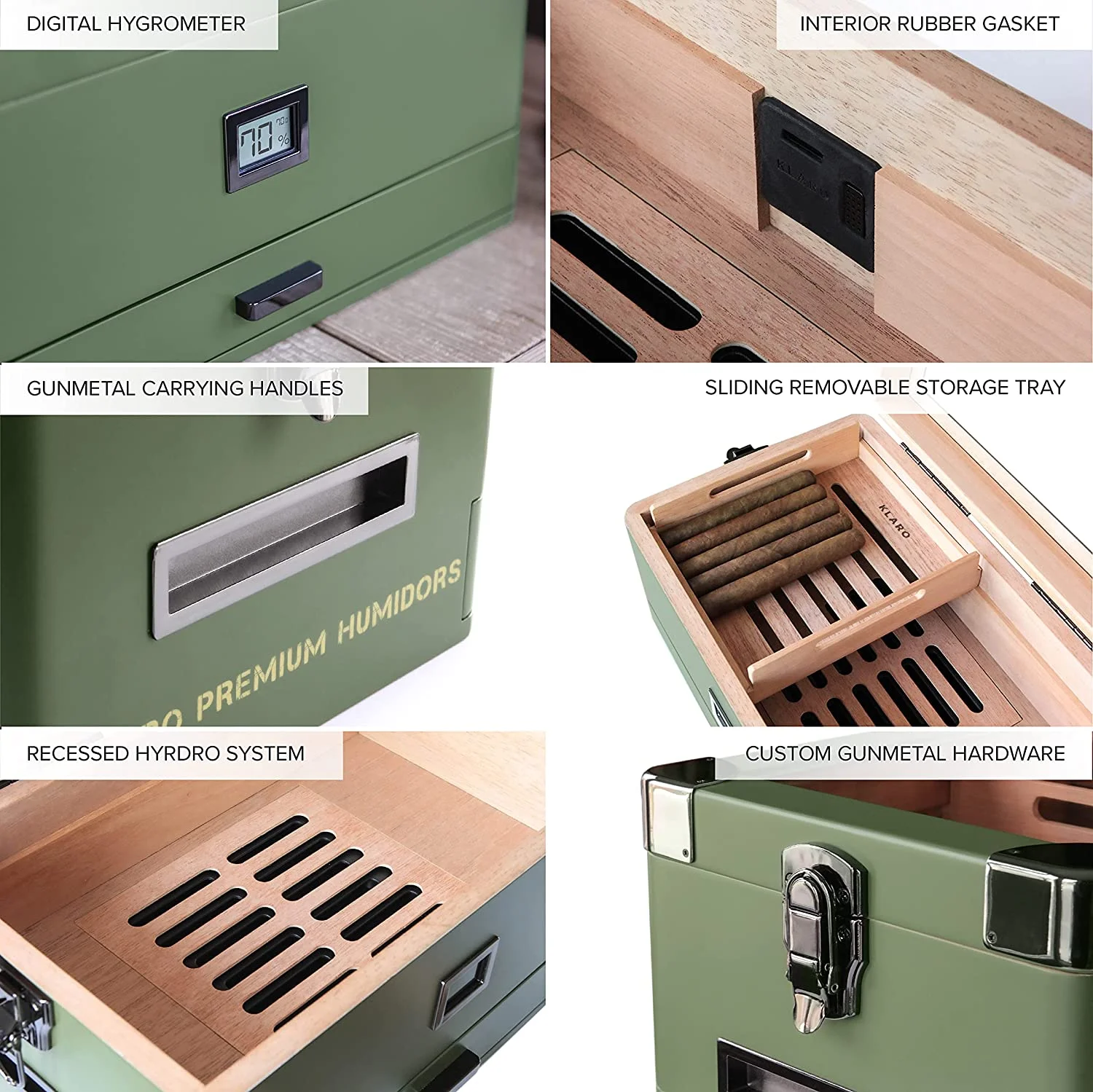 Case Elegance Military Glass Top Humidor, Spanish Cedar, Matte Green with Front Hygrometer Holds 70-100 Cigars