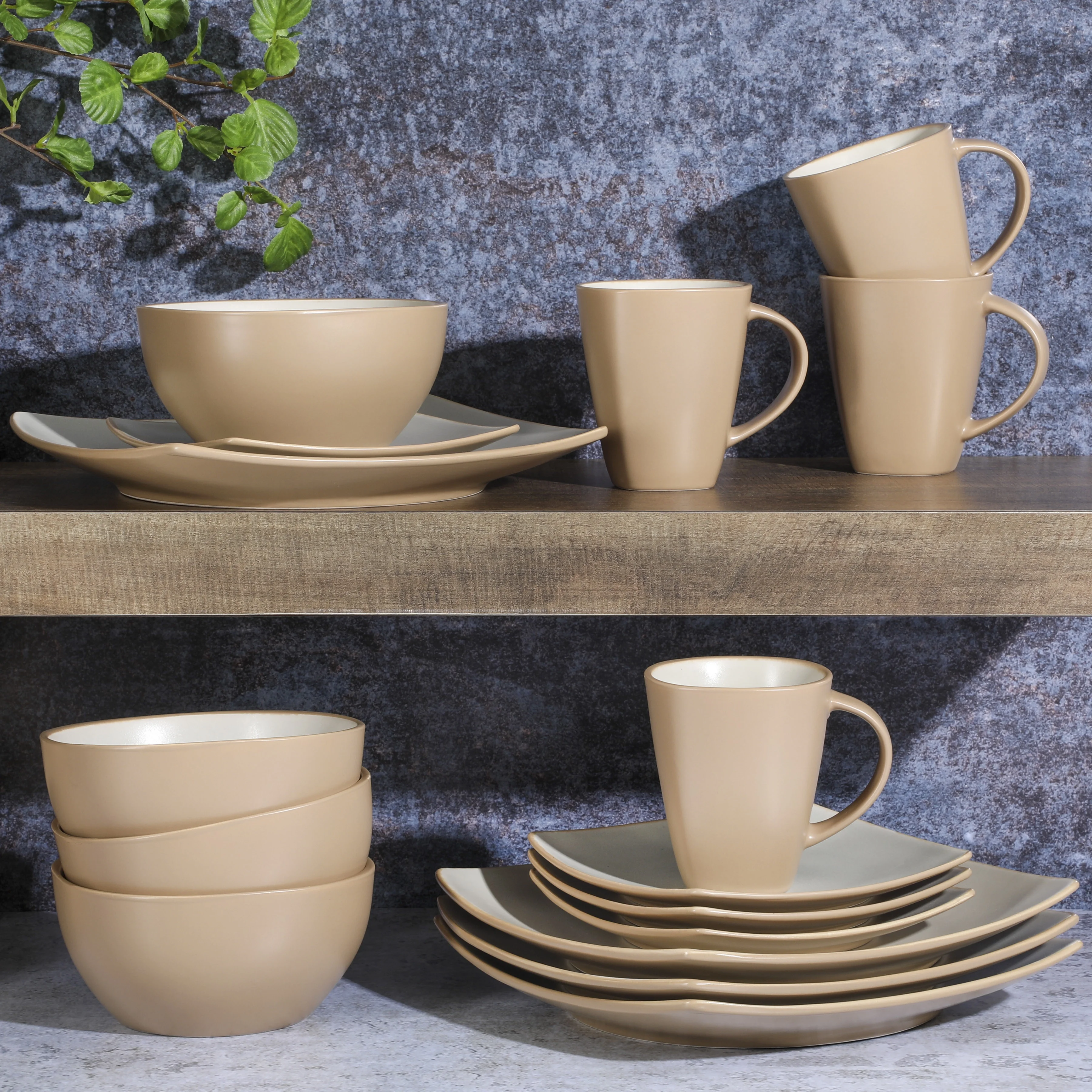 Gibson Soho Lounge Square 16-Piece Dinnerware Set - Tan