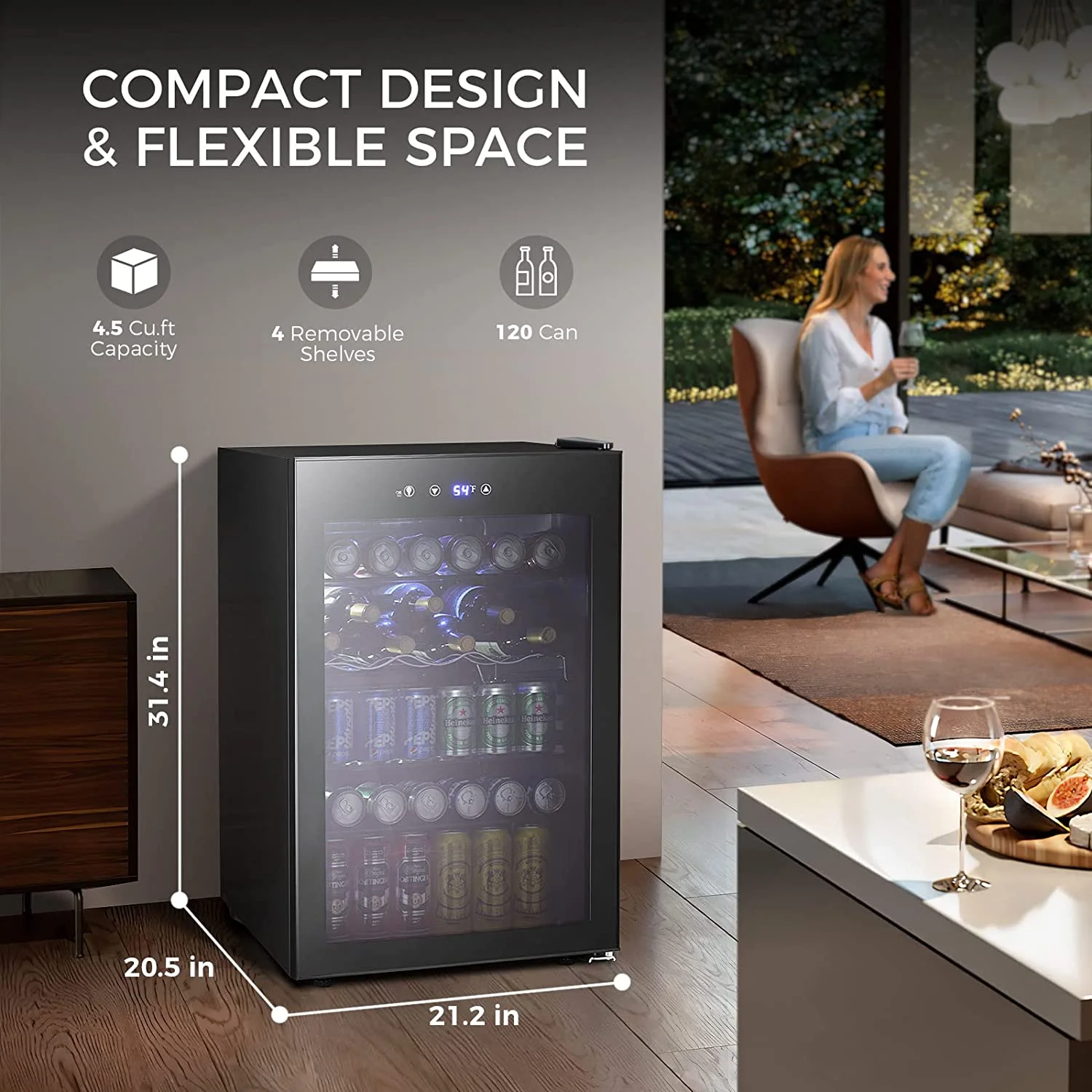FREE VILLAGE 4.5Cu.ft Beverage Refrigerator and Cooler, 145 Can Mini Fridge Glass Door, Digital Temperature Display for Soda, Beer, Wine, Small Drink Dispenser Cooler for Home, Office, Bar (Transpare)