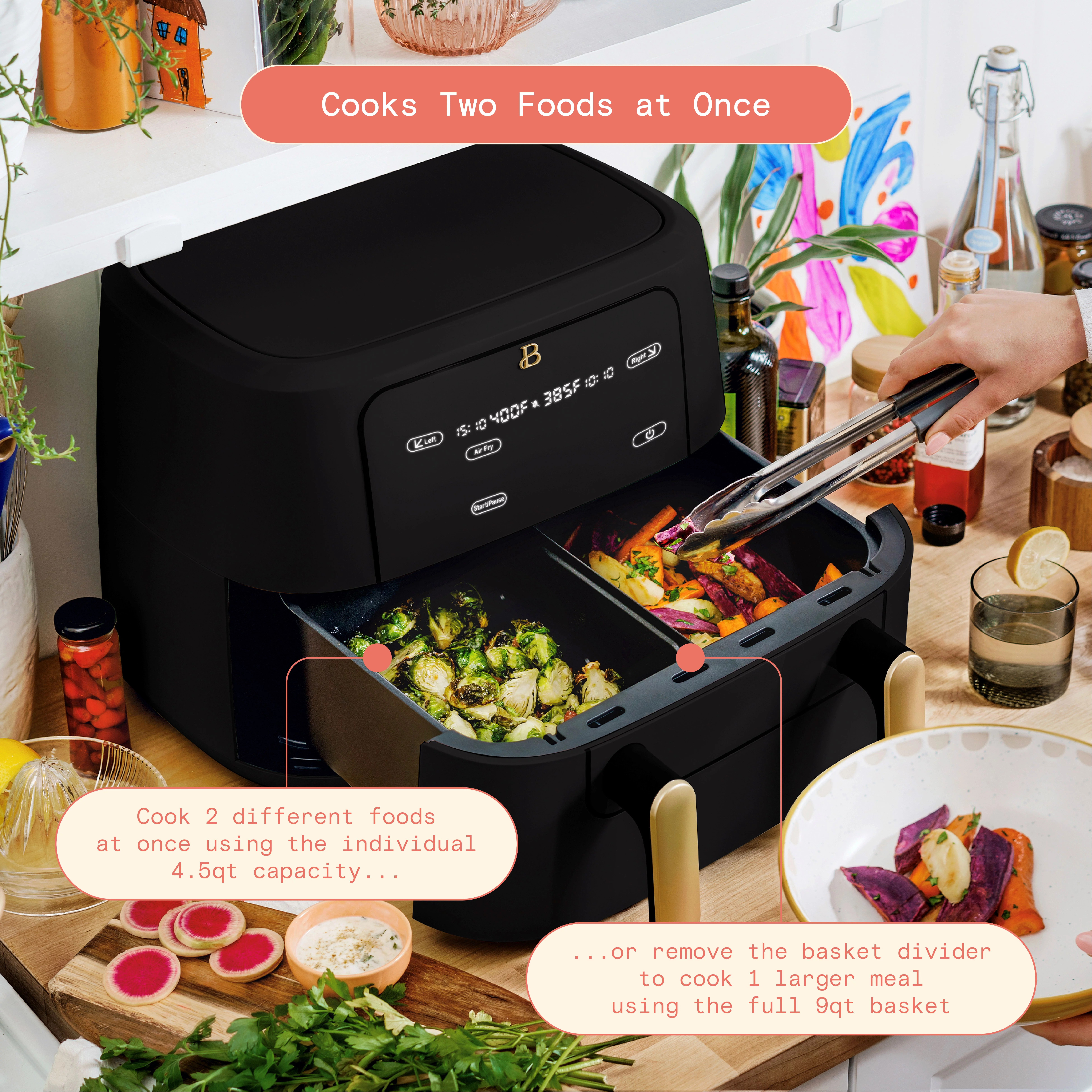 Beautiful 9 QT TriZone Air Fryer, Black Sesame by Drew Barrymore