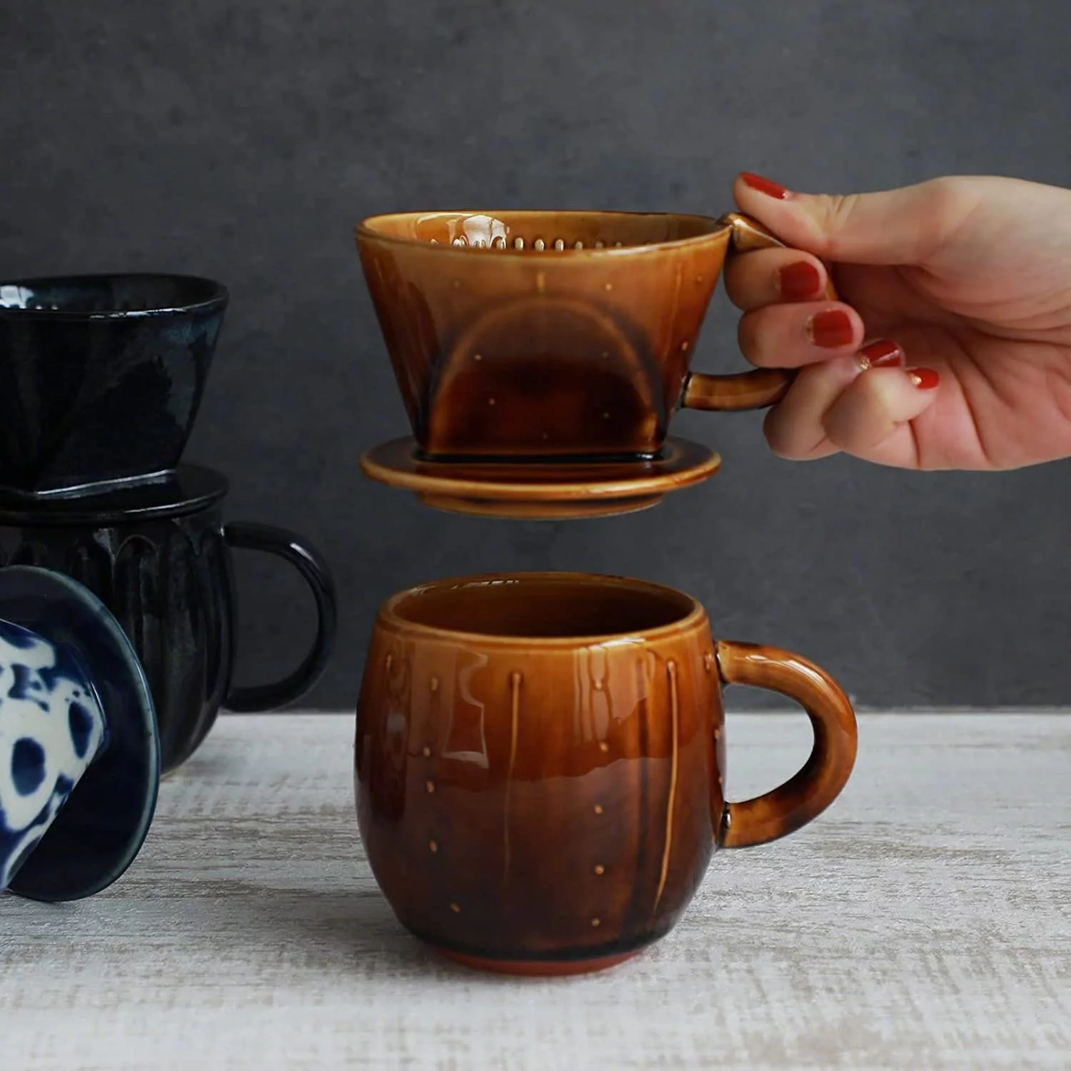 Asayu Japan Ceramic Coffee Pour Over Maker Set in Caramel Made in Japan
